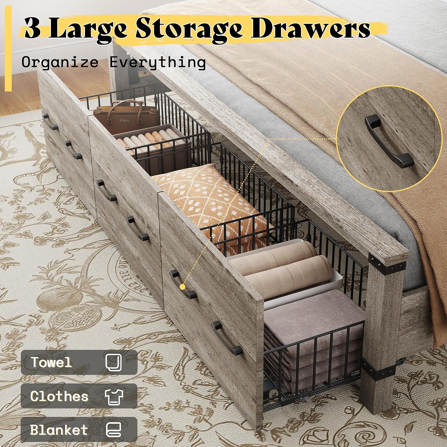 AMERLIFE King Bed Frame with 51' Tall Headboard, 3 Large Storage Drawers, Wood Platform Bed, No Box Spring Needed, Silent Frame, Easy Assembly, Farmhouse, Rustic Grey