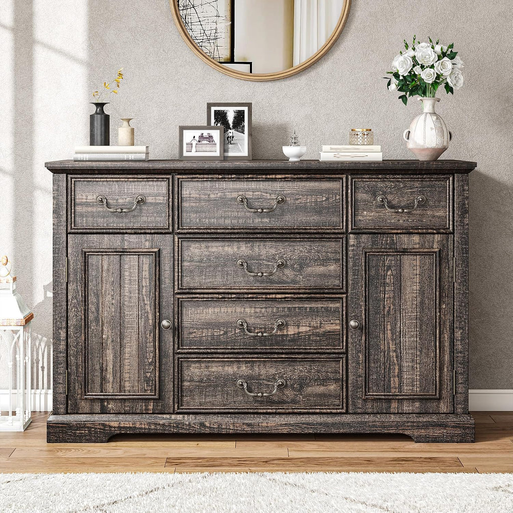 Homkdom Farmhouse Dresser – 6 Drawers & 2 Doors for Bedroom Storage Dresser Sturdy Build & Smooth Silent Slides，Dark Rustic Oak