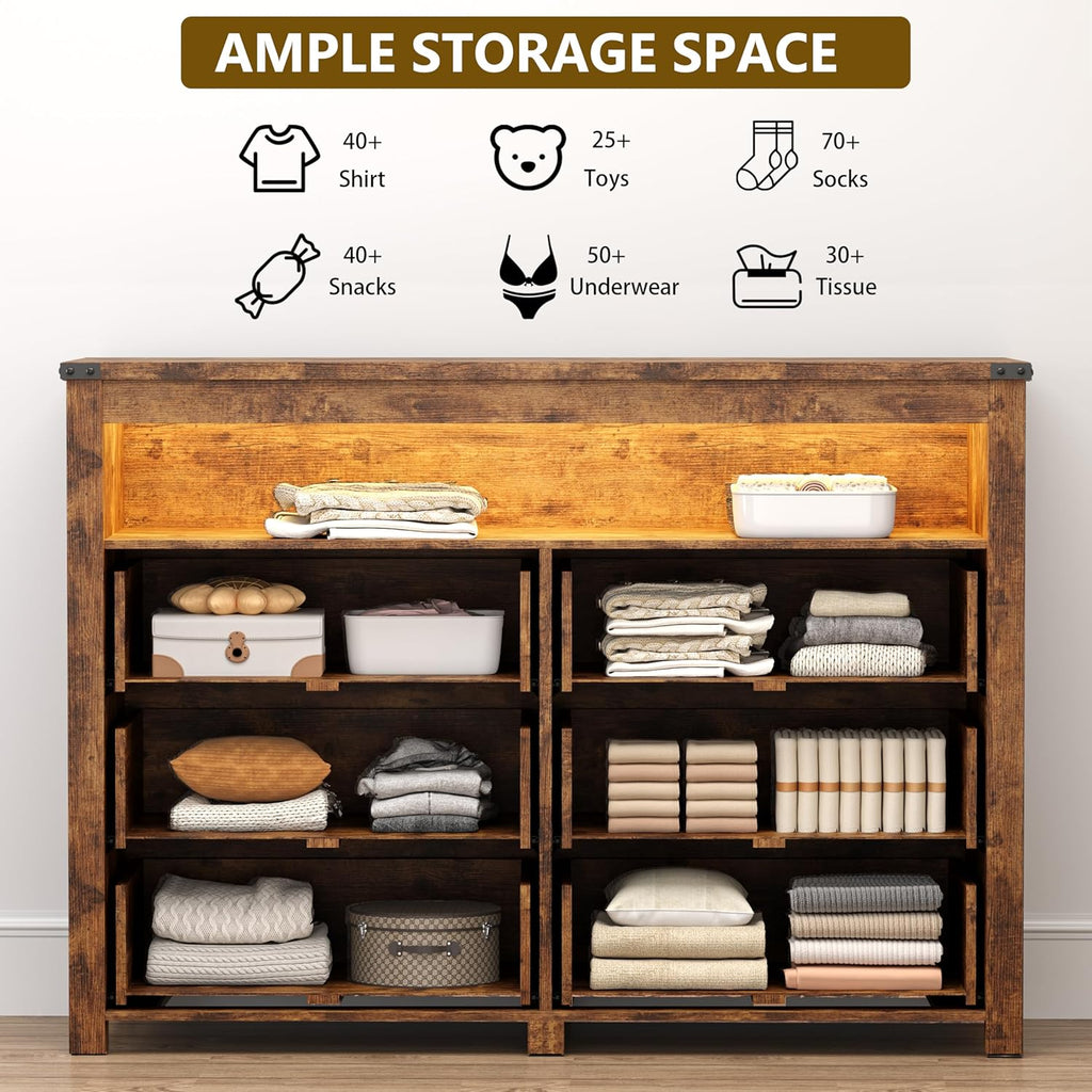 Dresser for Bedroom with 6 Drawers, Wide Chest of Drawers with LED Light and Power Outlet, Wooden Closet Organizer Clothes Storage Cabinet, Modern Double Dressers for Living Room, Hallway, Brown