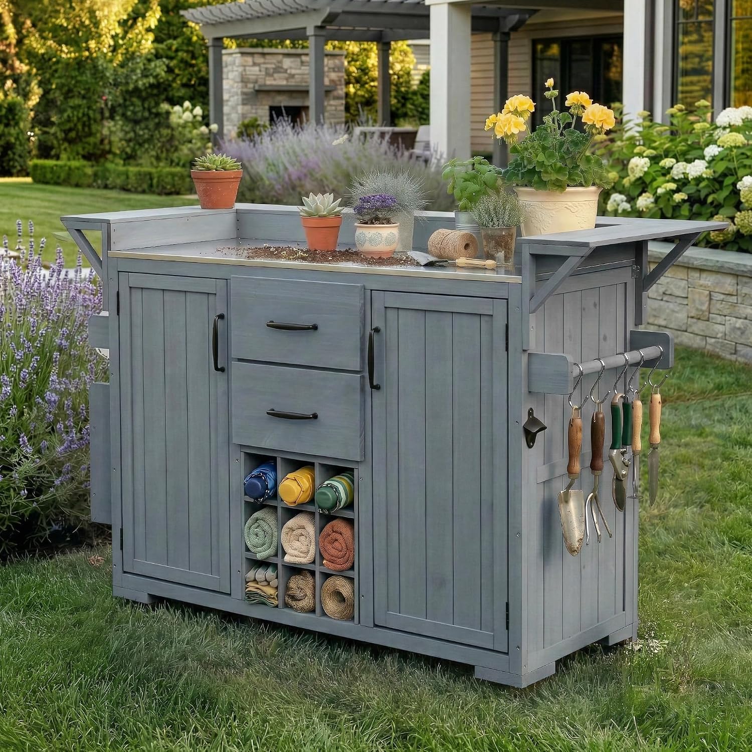 Modern 60.2''W Outdoor Kitchen Island with Wheels,Rolling Patio BBQ Cart with Stainless Steel Top,Wood Grill Cart with Spice Rack&Wine Rack,2 Drawers (Gray-T)