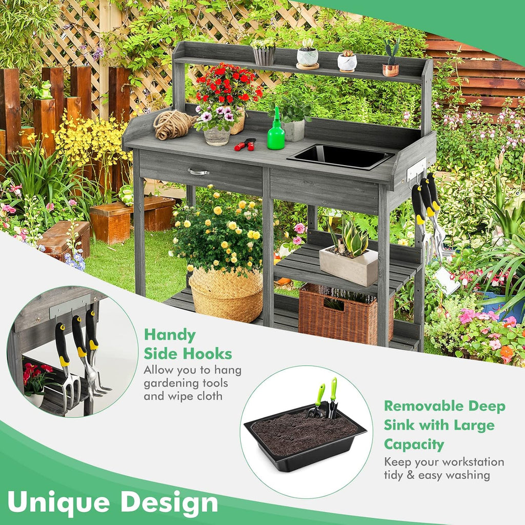 TANGZON Garden Potting Table, Wooden Potting Bench with Large Sink, Drawer, Open Shelves & 3 Hooks, Outdoor Gardening Flower Plant Workstation for Patio Balcony Yard Lawn (Grey)