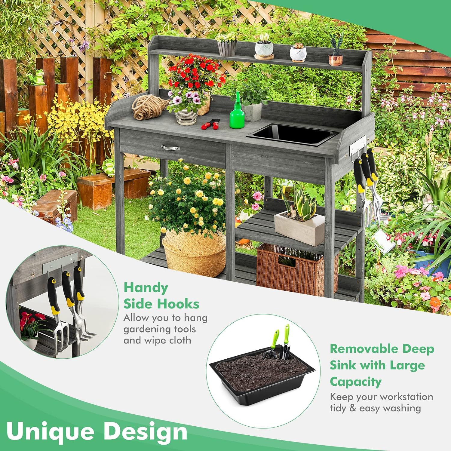 TANGZON Garden Potting Table, Wooden Potting Bench with Large Sink, Drawer, Open Shelves & 3 Hooks, Outdoor Gardening Flower Plant Workstation for Patio Balcony Yard Lawn (Grey)