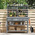 64.9-Inch Height Outdoor Potting Table with Lockable Wheels, Solid Wood Rolling Cart, Storage Hutch & Towel Rack, Spacious Organizer for Patio Gardening, Plant Repotting (Grey+Blue)