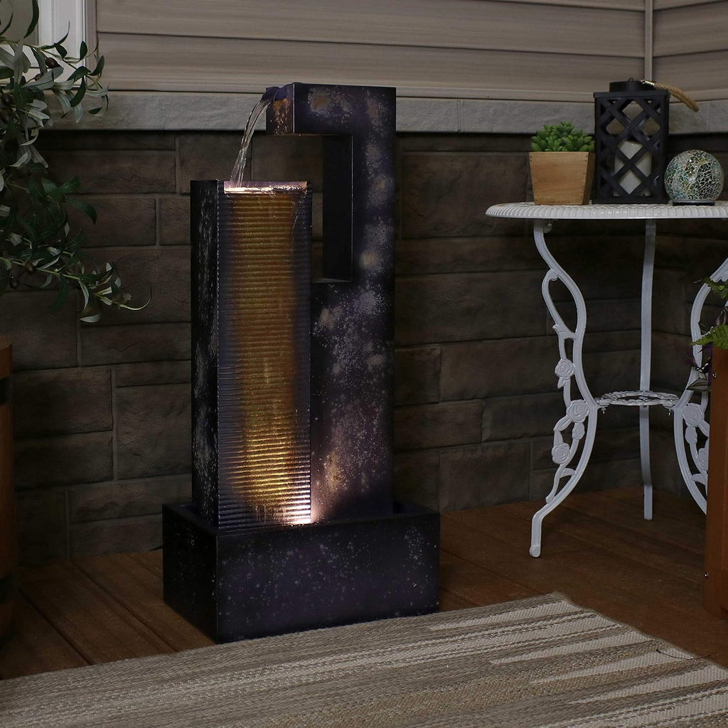 Sunnydaze Cascading Tower 32-Inch Outdoor Metal Fountain with LED Lights - Electric Submersible Pump with Adjustable Flow