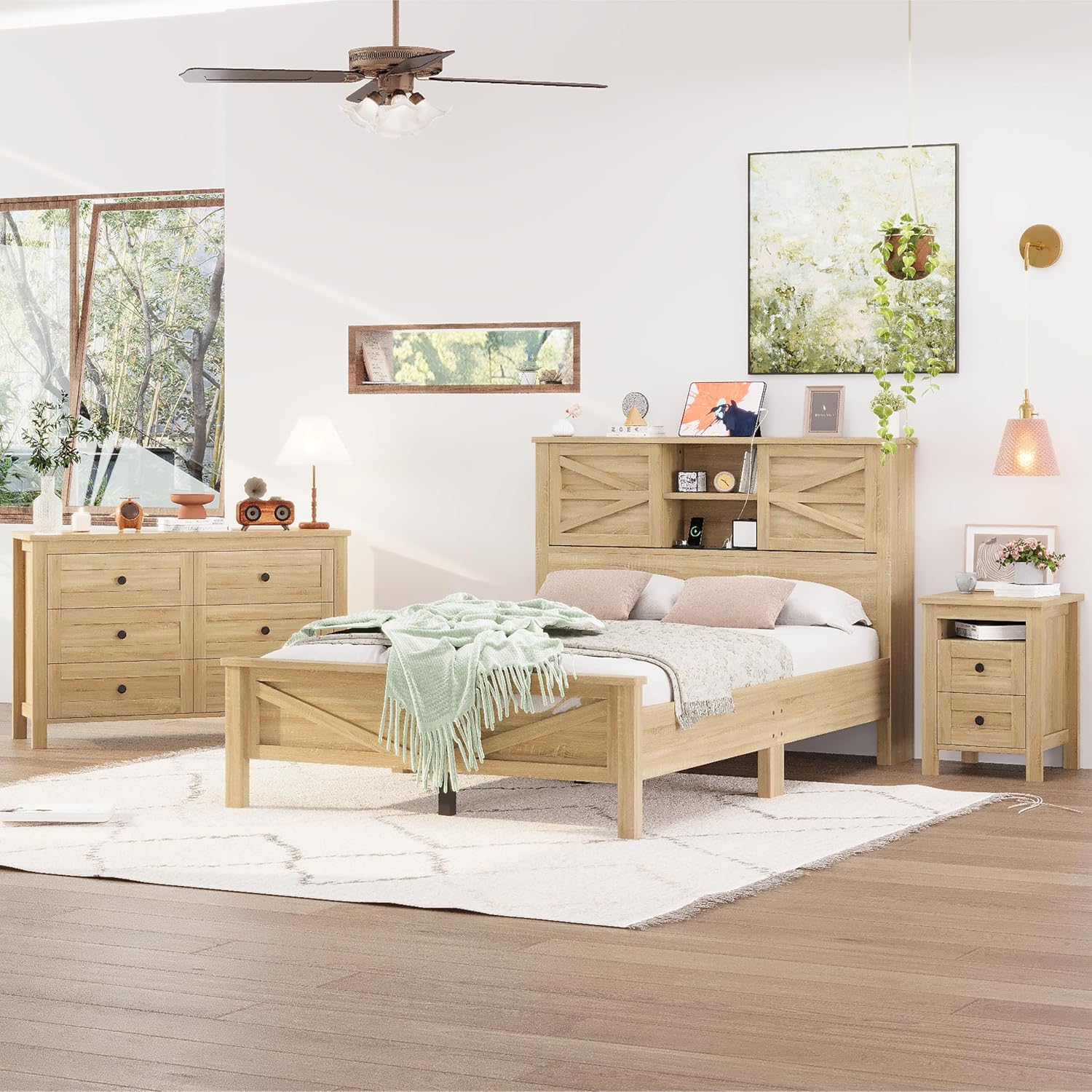 Farmhouse 3-Pieces Bedroom Sets Full Size Farmhouse Platform Bed with Double Sliding Door Storage Headboard and Charging Station,Solid Wood Platform Bed with Storage Nightstand and Dresser,Natural