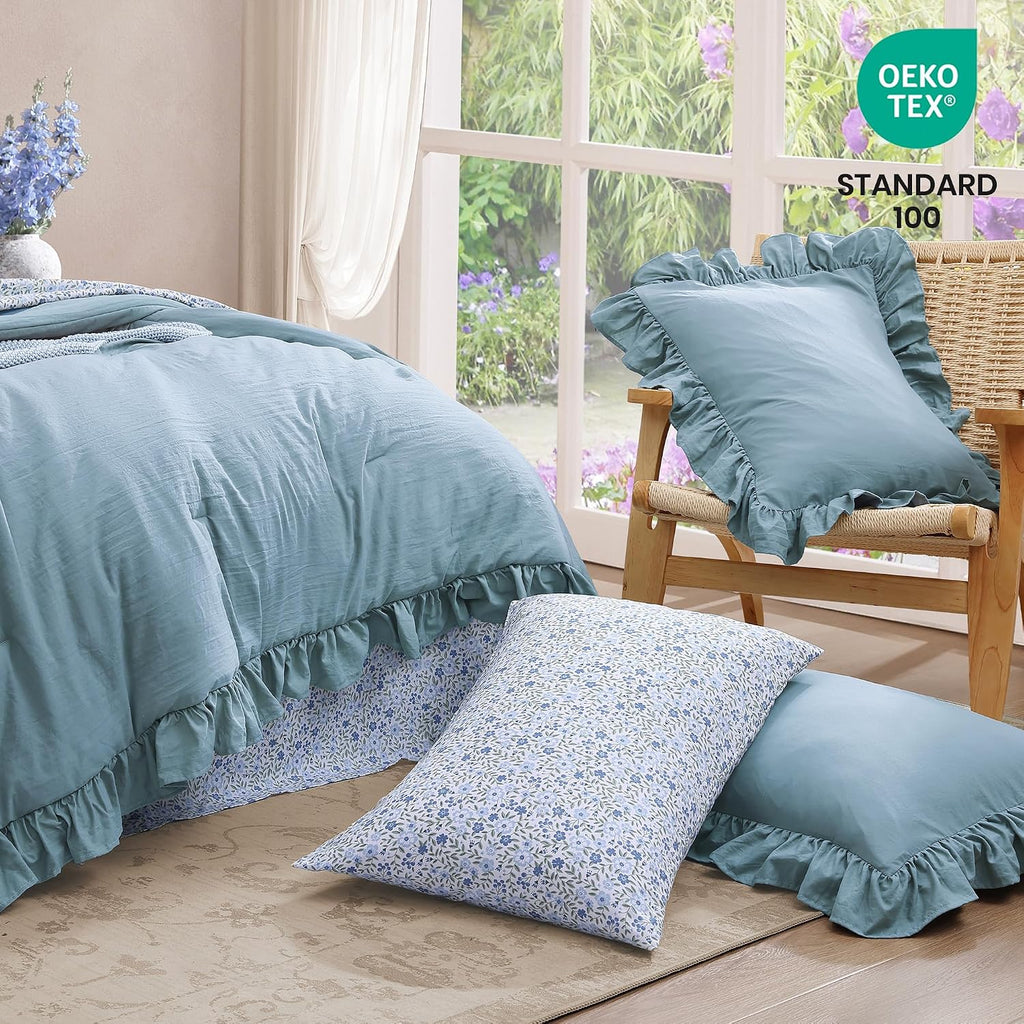 BLOOMHAVEN Oversized King Comforter Set - 7 Pieces Ruffle Blue Bedding Sets, Shabby Chic Farmhouse Bed in a Bag with Ruffle Comforter, Floral Sheets, Pillowcases & Shams