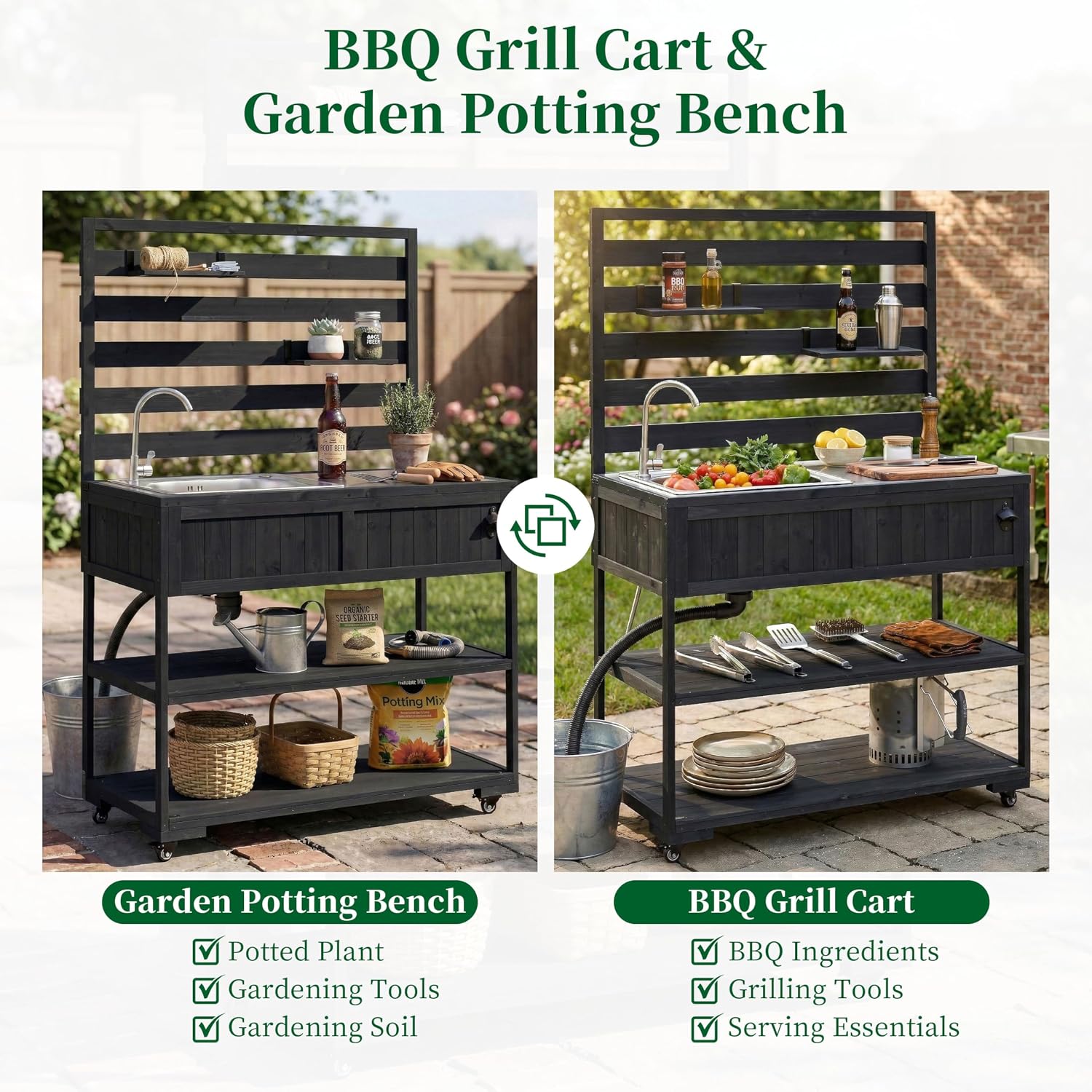 41.7'' Large Patio Rolling Kitchen Island,Solid Wood Kitchen Cart with Sink,Garden Potting Bench with Stainless Table Top,2 Movable Shelves and 1 Bottle Opener (Black-RK)