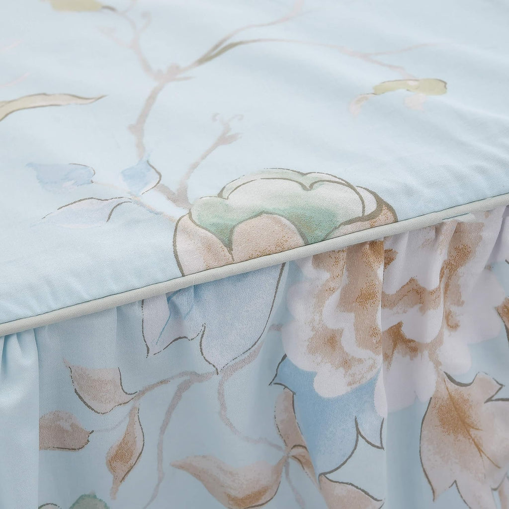 FADFAY Farmhouse Floral Bedding Shabby Blue Bird Print French Countryside Chic Bedding Set Luxury Bedskirt Collections 800 Thread Count 100% Egyptian Cotton, 4 Piece-Twin Size