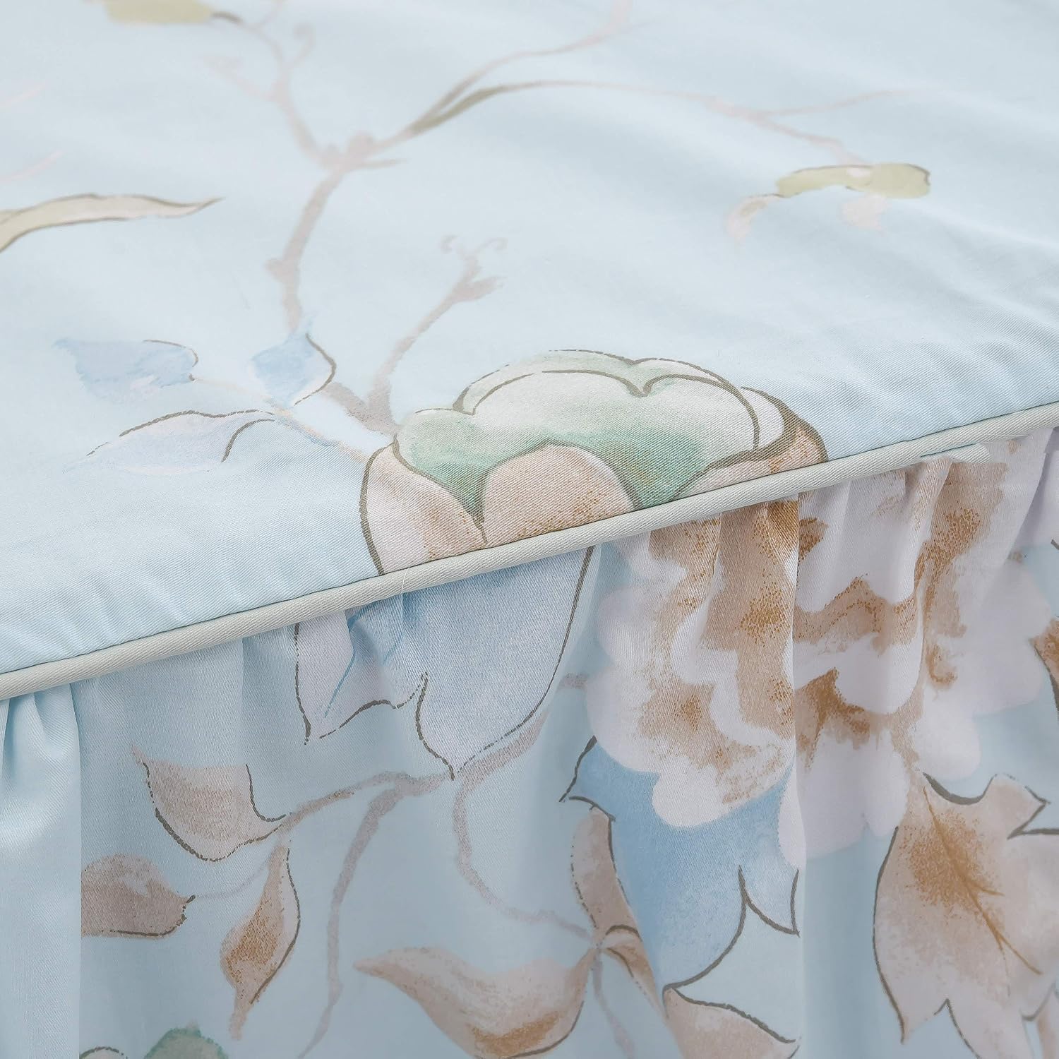 FADFAY Farmhouse Floral Bedding Shabby Blue Bird Print French Countryside Chic Bedding Set Luxury Bedskirt Collections 800 Thread Count 100% Egyptian Cotton, 4 Piece-Twin Size