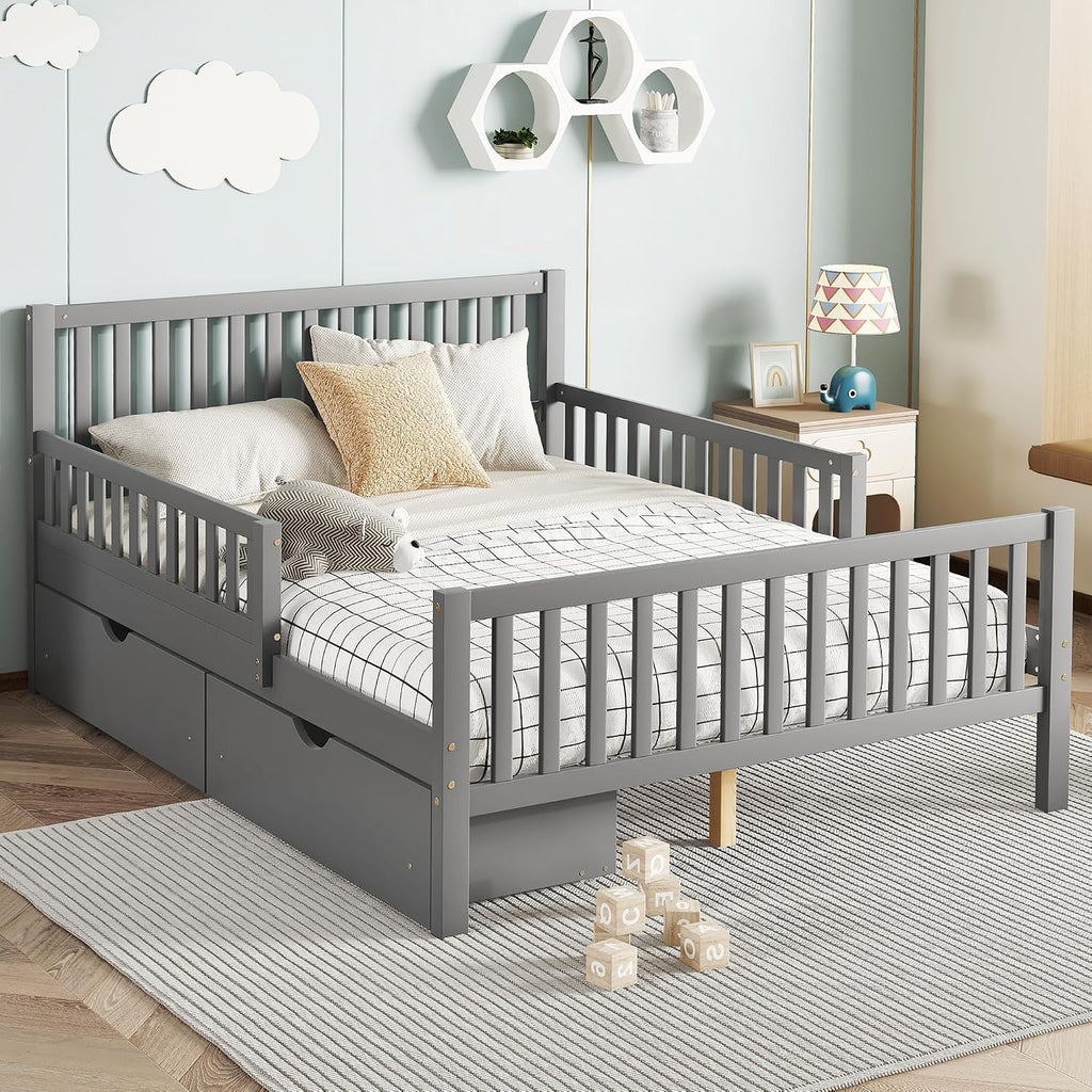 Bellemave Kids Full Size Bed Frame with Storage Drawers, Wood Full Bed Frames for Kids, Full Bed Frame with Headboard and Footboard for Boys Girls, No Box Spring Needed,Gray