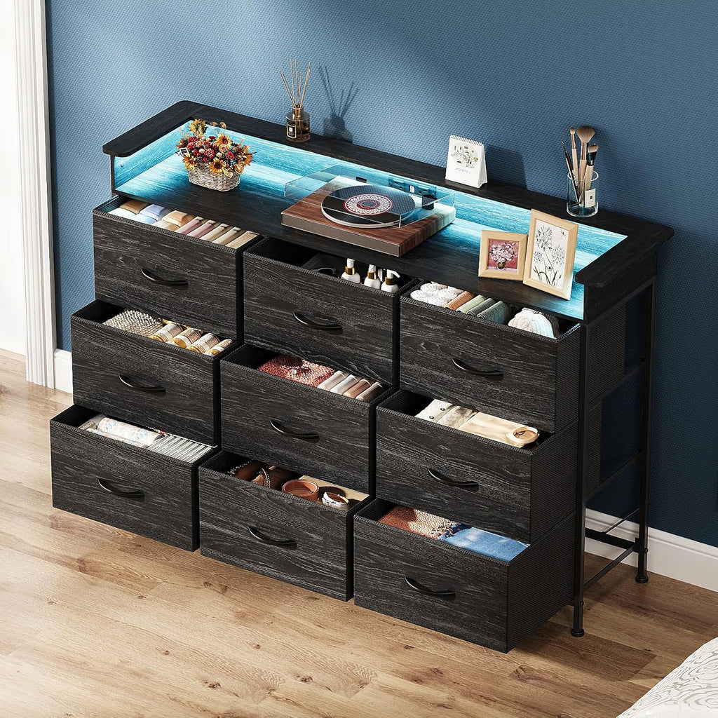 EXOTICA Black Dresser with Charging Station 9 Drawers Dresser with LED Light and USB Ports Fabric Dressers for Bedroom Hallway Entryway Closets Sturdy Steel Frame Wood Top