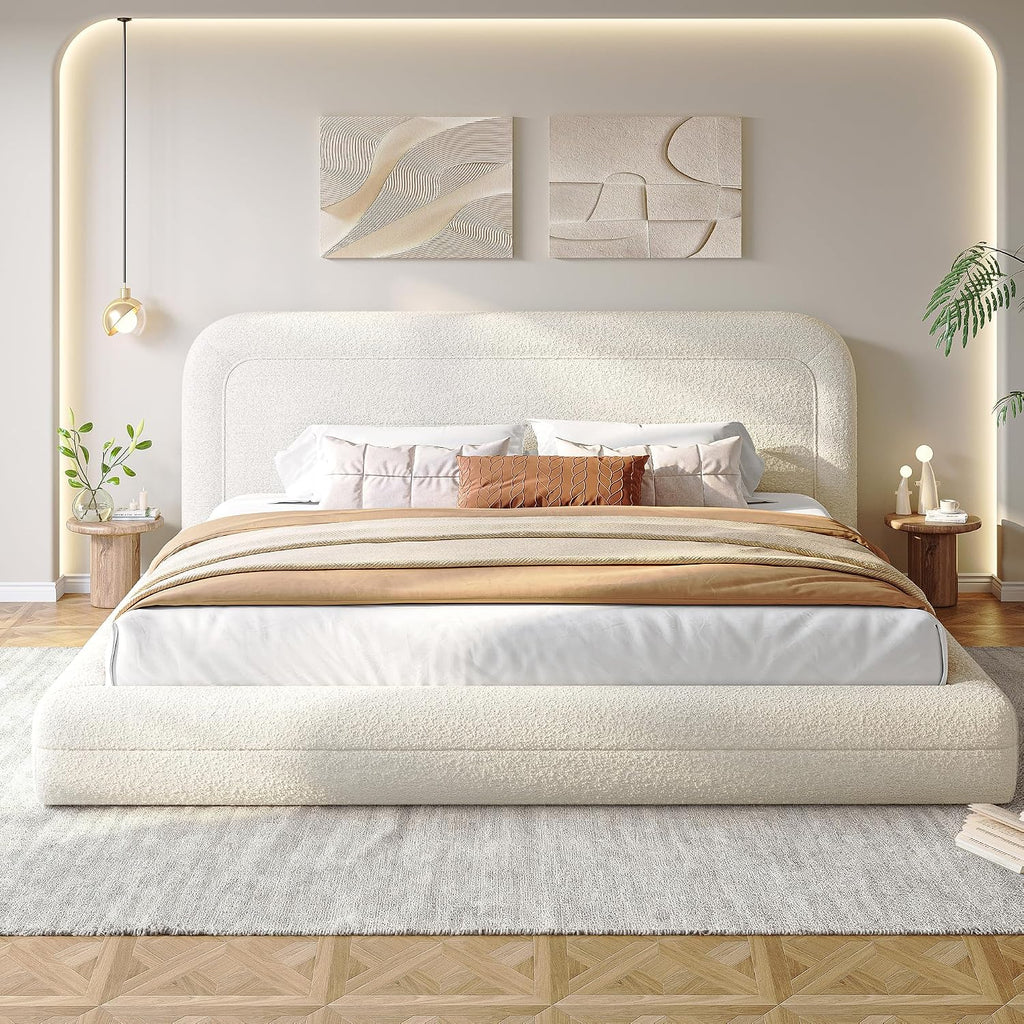 Homkdom Cloud Bed Frame and Headboard, Upholstered Soft King Size Bed Frame with Round Edges, Boucle Platform Bed for Apartments & Master Rooms & Guest Rooms, No Box Spring Needed,Beige