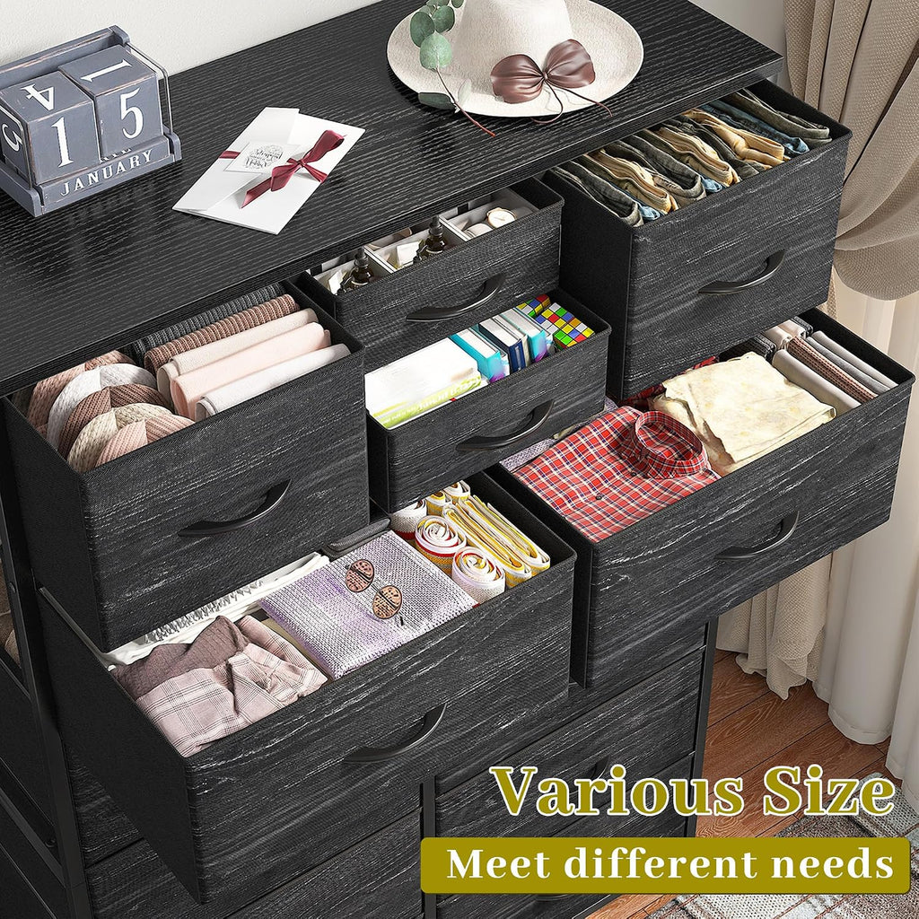 EnHomee Black Dresser with 10+4 Storage Drawers, Chest of Drawers, Sturdy Metal Frame & Wood Top, Bedroom, Hallway, Closets, Living Room, 52.2' H x 37.4' W x 11.8' D