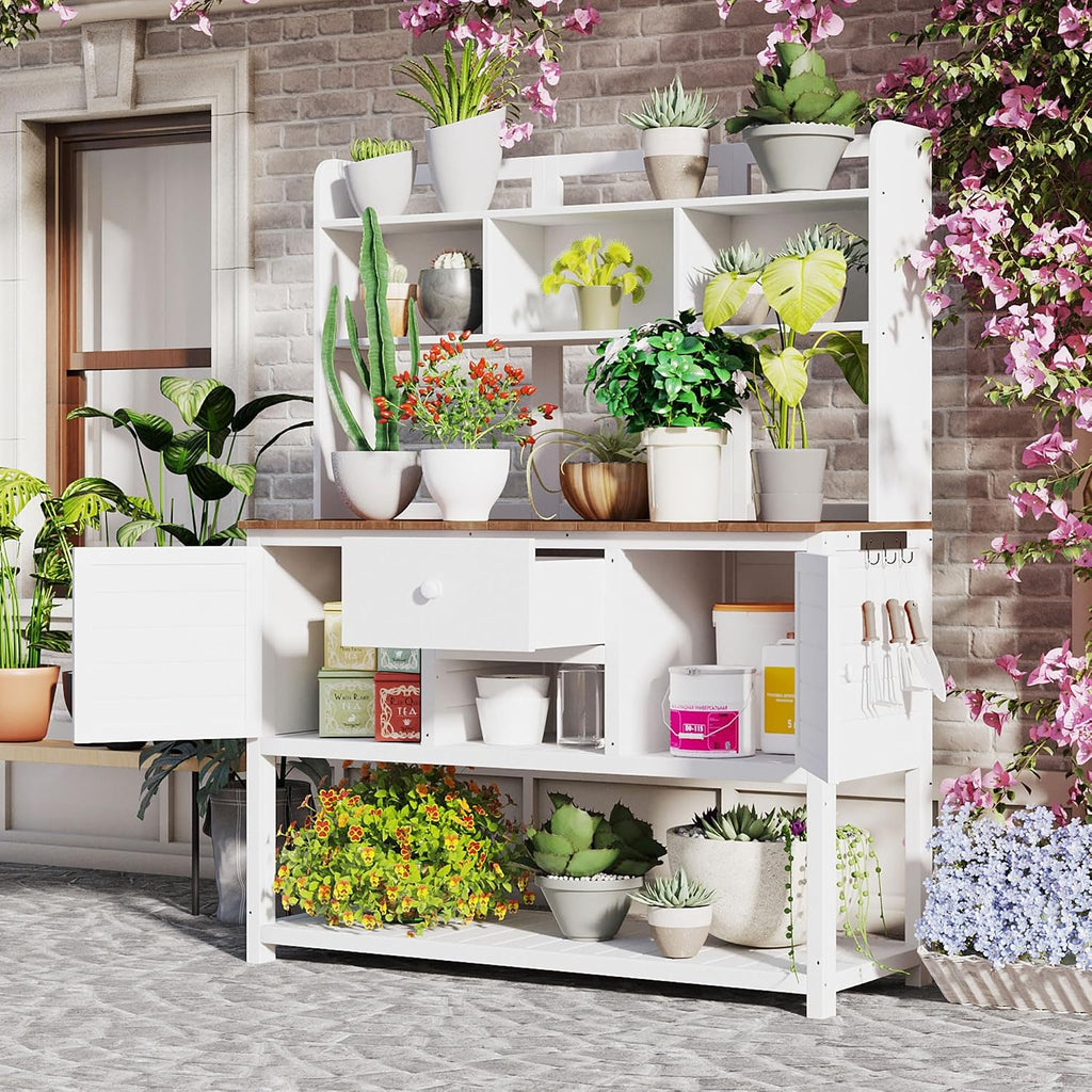 Outdoor Potting Bench Table, Solid Fir Wood Garden Workstation with Hutch, Drawer & Adjustable Shelves, Outdoor Planting Table for Gardening Backyard (White-N, 66.1''H)
