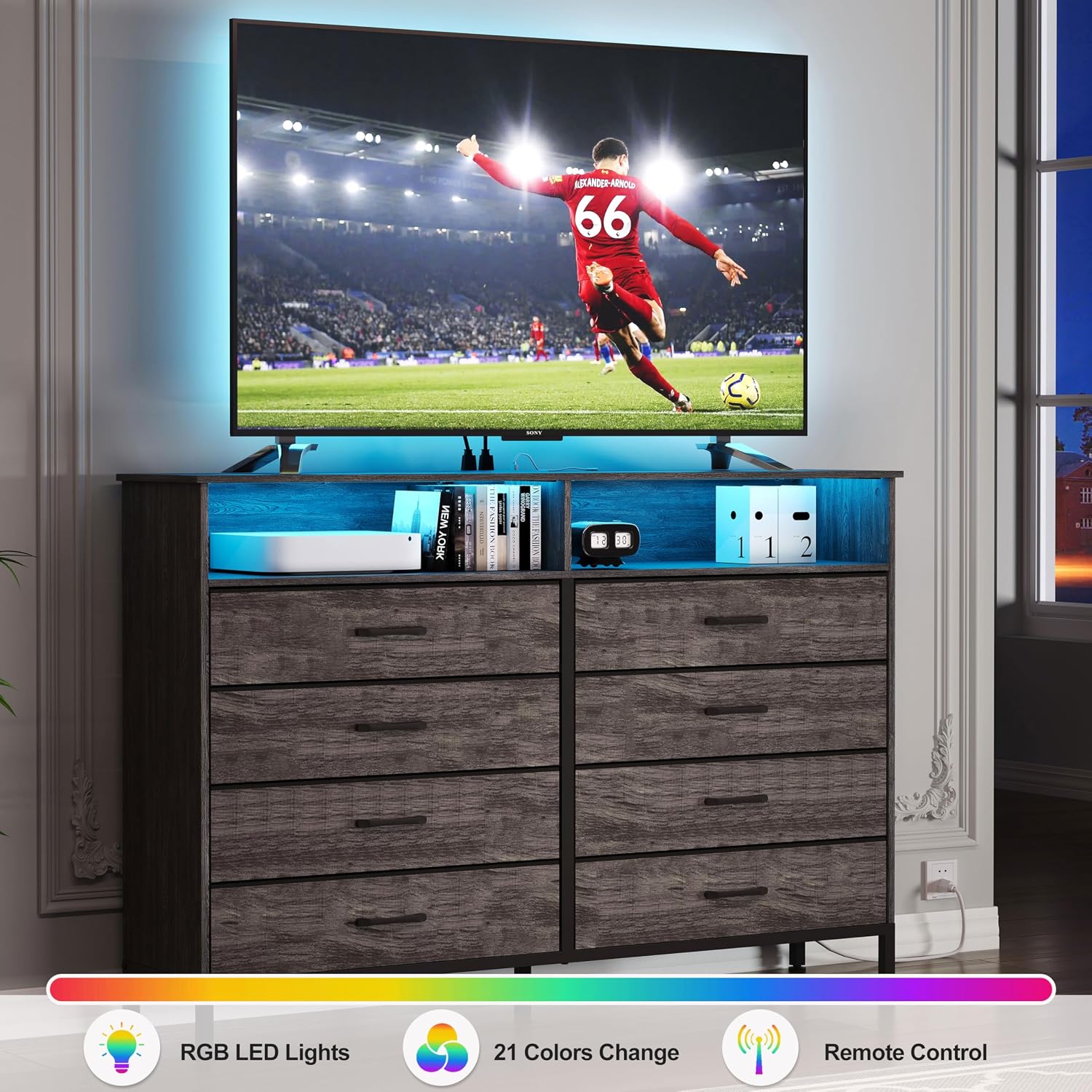Dresser for Bedroom Grey Bedroom Dresser with LED Lights and Charging Station, 8 Long Fabric Drawers Dressers, Vertical Chest of Drawers Storage Organizer TV Stand for up to 60' TV for Living Room