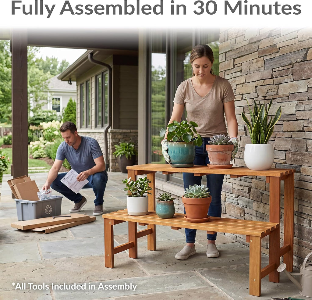 Sunnydaze 2-Tier Meranti Wood Plant Stand for Indoor and Outdoor Use - Garden Shelf with Teak Oil Finish for Patio, Porch, Balcony, and Living Room - Heavy Duty 100 lb Per Level Capacity - 47 in
