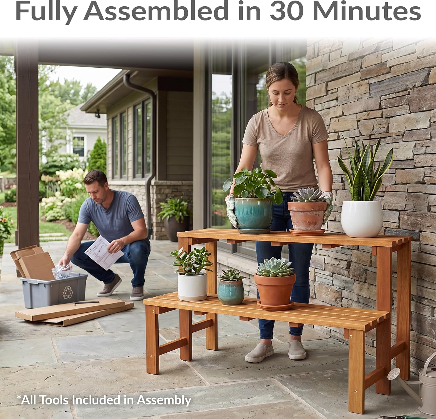 Sunnydaze 2-Tier Meranti Wood Plant Stand for Indoor and Outdoor Use - Garden Shelf with Teak Oil Finish for Patio, Porch, Balcony, and Living Room - Heavy Duty 100 lb Per Level Capacity - 47 in