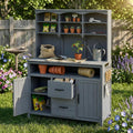 Outdoor Potting Bench Table with Large Countertop and Hutch, Freestanding Garden Workstation with Cabinets, Drawers and Hooks for Backyard (Gray)
