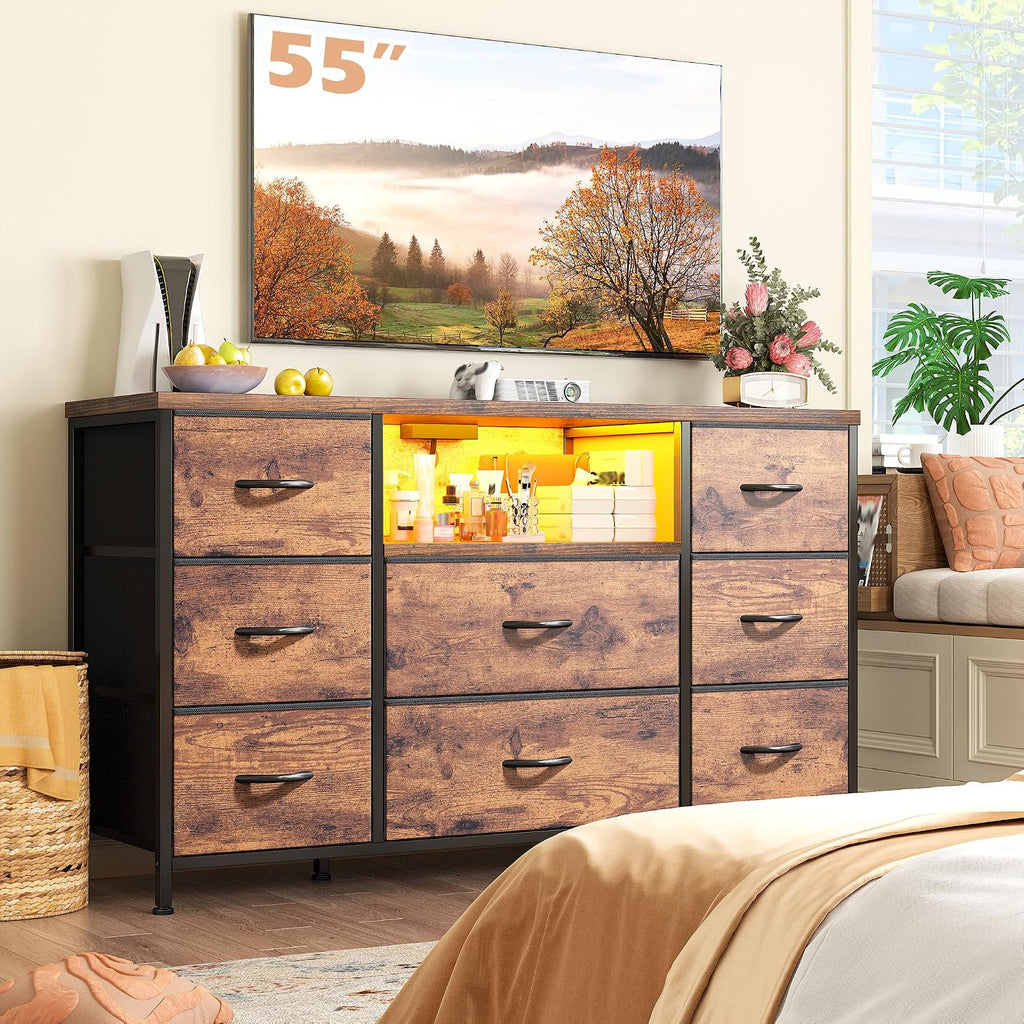 Dresser for Bedroom with LED Lights & Charging Station, Dresser TV Stand for Bedroom with 8 Drawer for 55 inch TV, Fabric Dressers & Chests of Drawers with Shelves for Hallway Entryway, Rustic Brown
