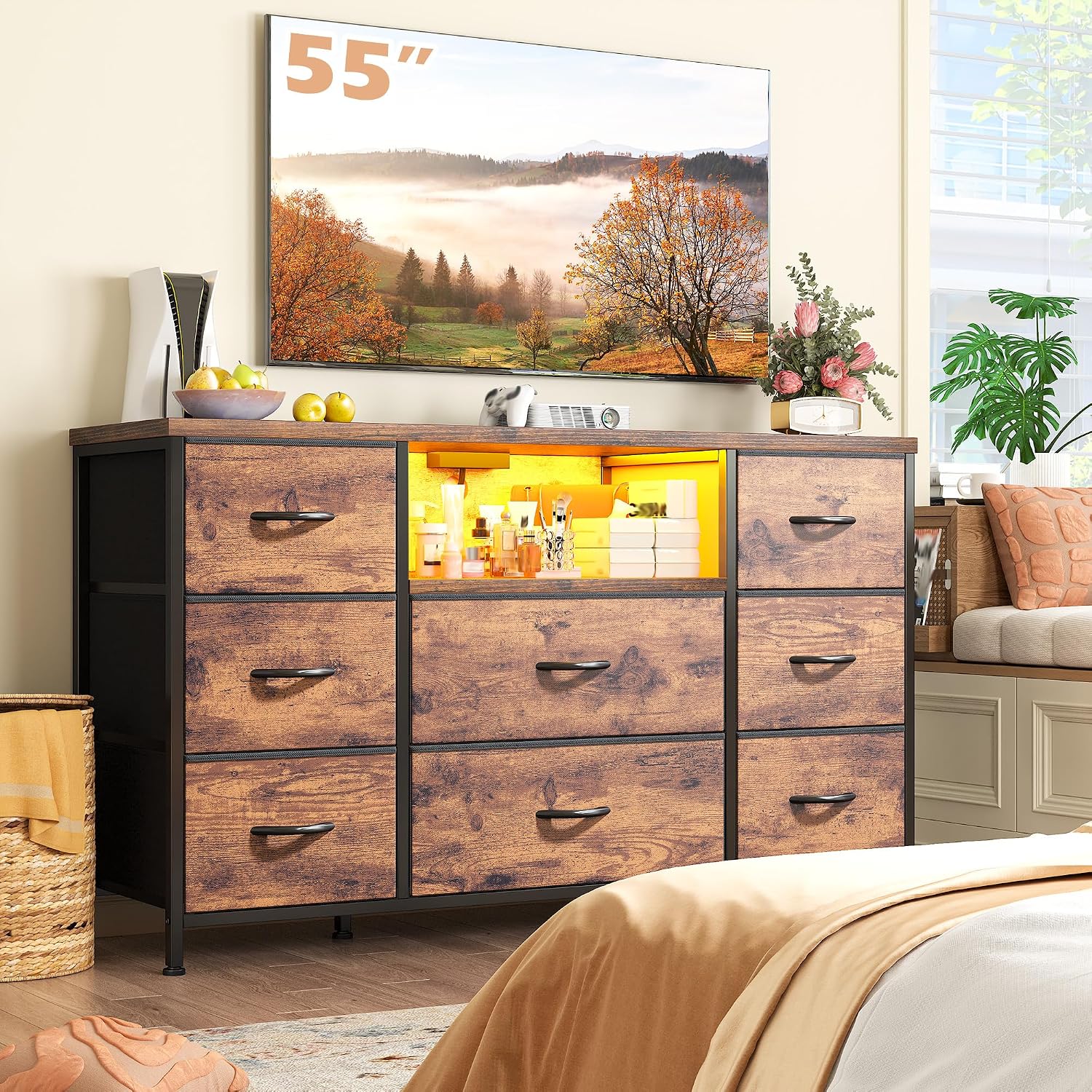 Dresser for Bedroom with LED Lights & Charging Station, Dresser TV Stand for Bedroom with 8 Drawer for 55 inch TV, Fabric Dressers & Chests of Drawers with Shelves for Hallway Entryway, Rustic Brown