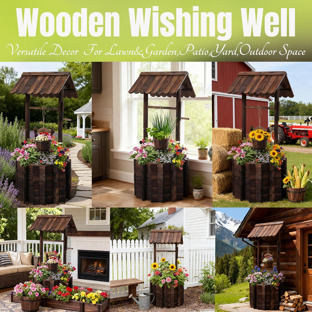 NestNature 25.56' Carbonized Wooden Wishing Well Planter for Outside, Rustic Outdoor Wishing Well with 4 Reinforced Rods & Hanging Bucket, Decorative Well Cover for Yard Garden Patio Lawn Backyard