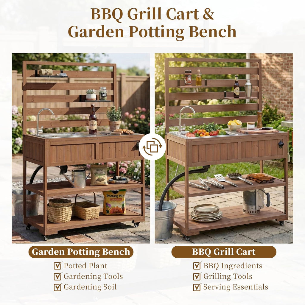 41.7'' Large Patio Rolling Kitchen Island,Solid Wood Kitchen Cart with Sink,Garden Potting Bench with Stainless Table Top,2 Movable Shelves and 1 Bottle Opener (Brown-RK)