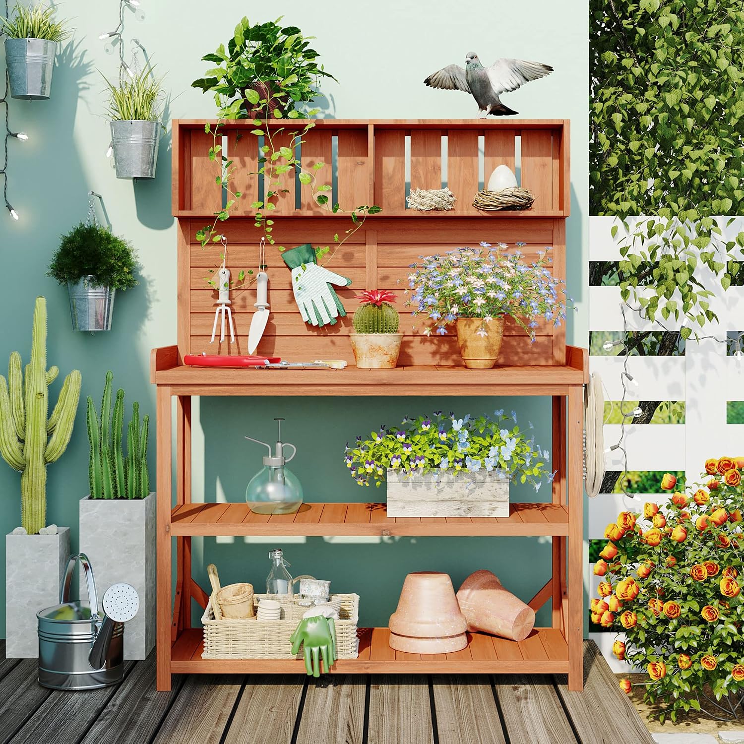 65' Wood Potting Benches for Outside, Farmhouse Rustic Outdoor Plant Table with 4 Storage Shelves, Side Hook and Anti Tipping, Garden Work Bench and Plant Stand for Patio, Lawn (Natural)