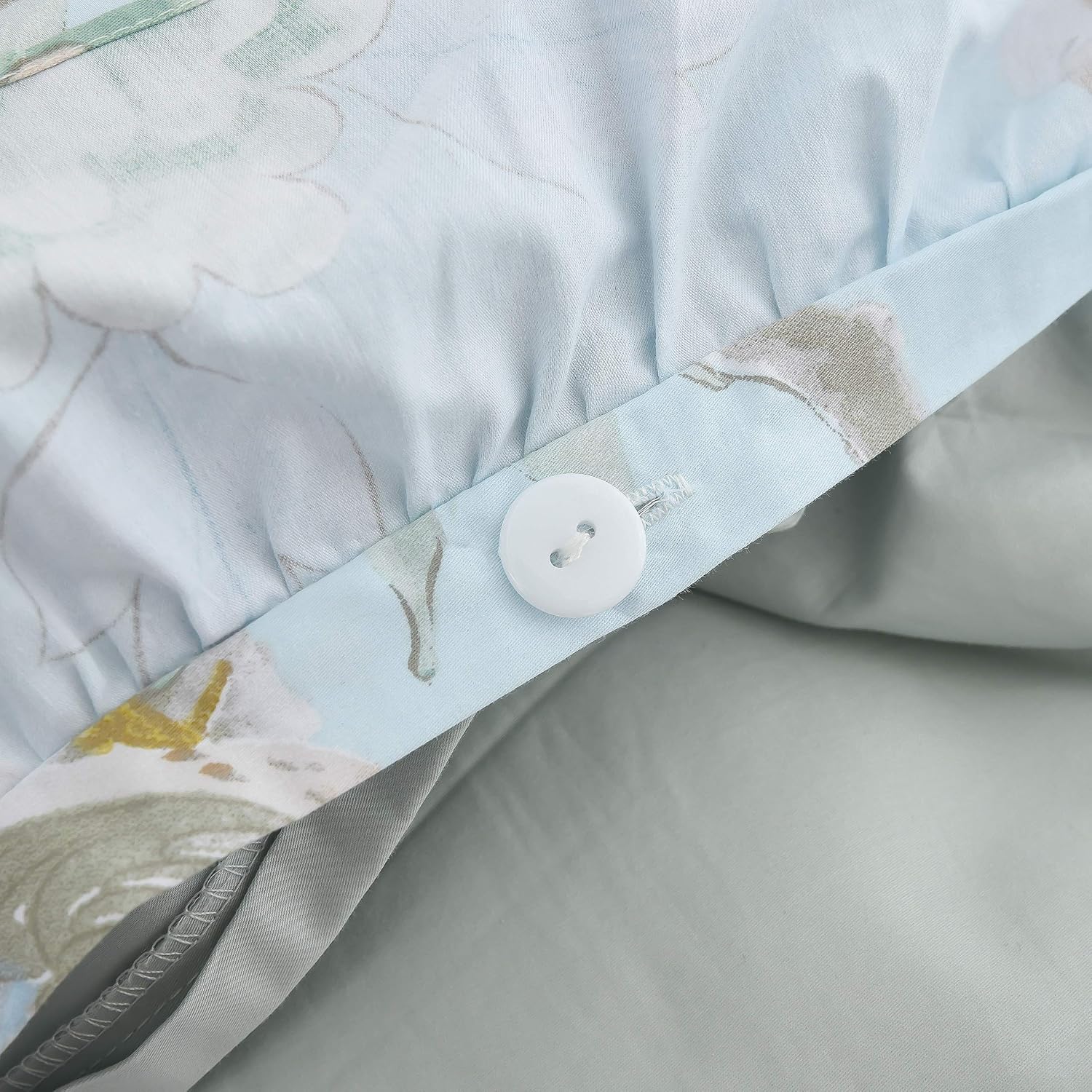 FADFAY Farmhouse Floral Bedding Shabby Blue Bird Print French Countryside Chic Bedding Set Luxury Bedskirt Collections 800 Thread Count 100% Egyptian Cotton, 4 Piece-Twin Size