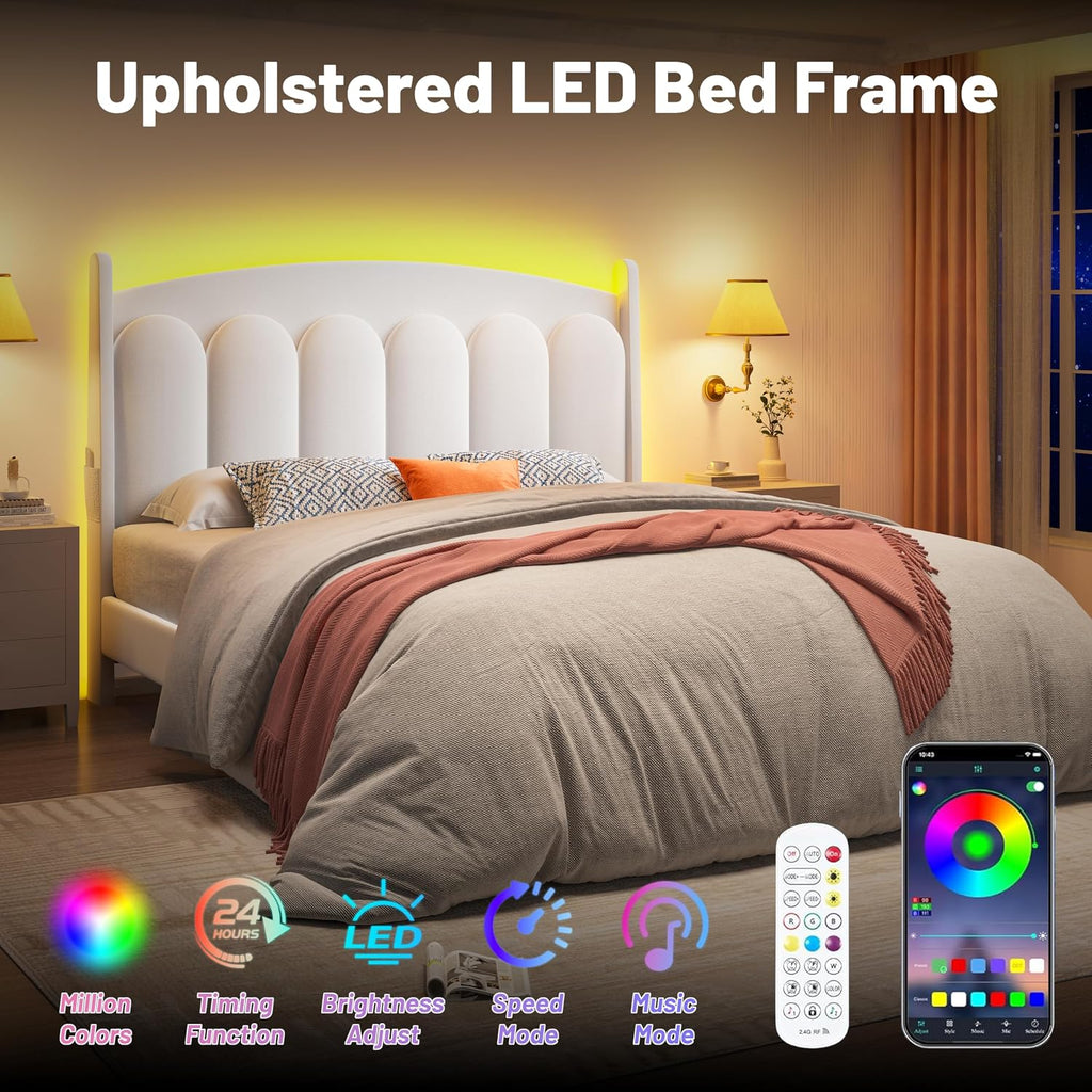 CypBed Full Size Bed Frame with Headboard LED Lights, Velvet Upholstered Full Size Bed, Adjustable Platform Full Bed, Sturdy Wooden Slats Support,No Box Spring Needed/Easy Assembly/White,Gifts