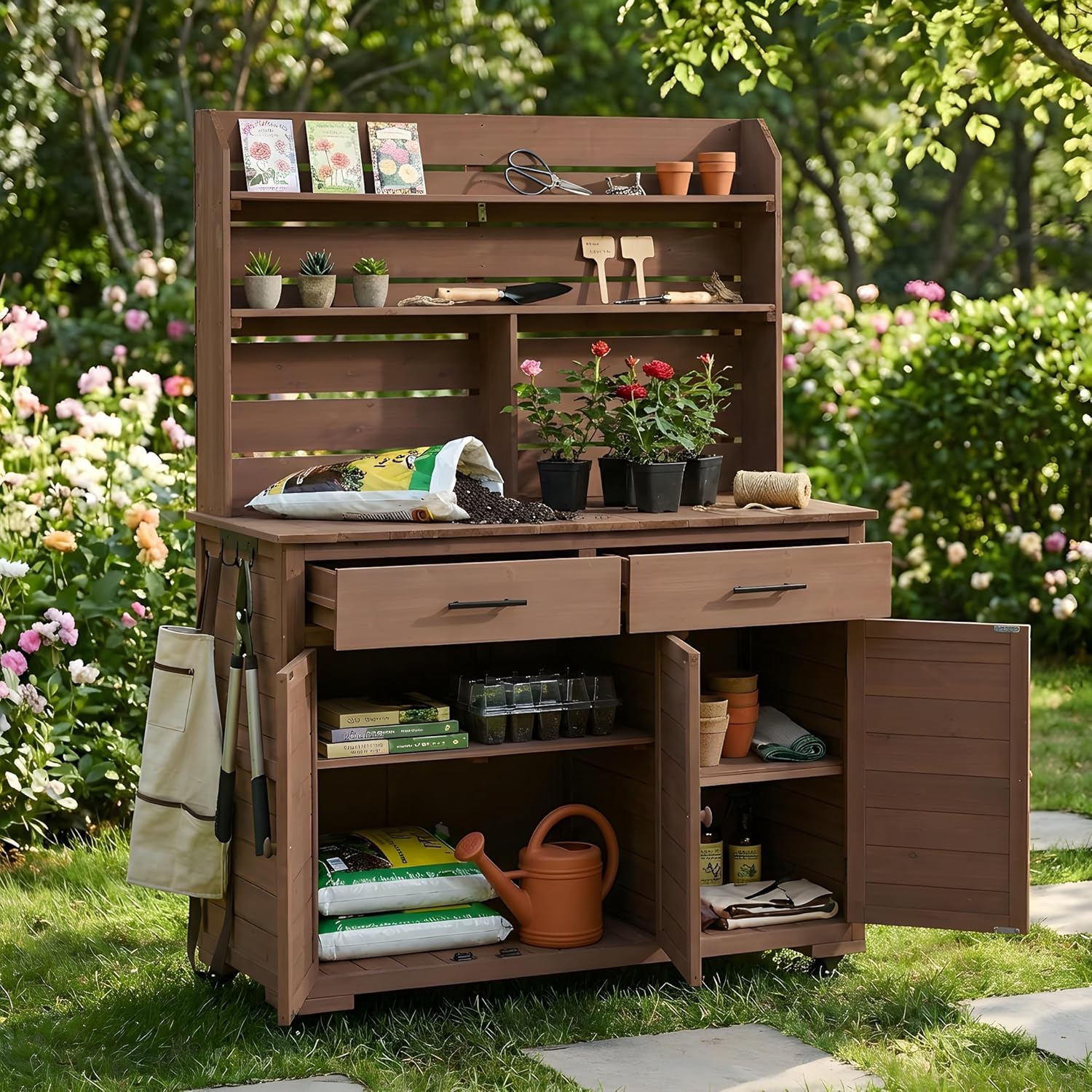 Polibi 65' H Large Garden Potting Bench with Lockable Wheels,Hutch Top & Storage Cabinet, Fir Wood Outdoor Kitchen Island Prep Cart with Drawers and Removable Shelves for Grilling, Brown