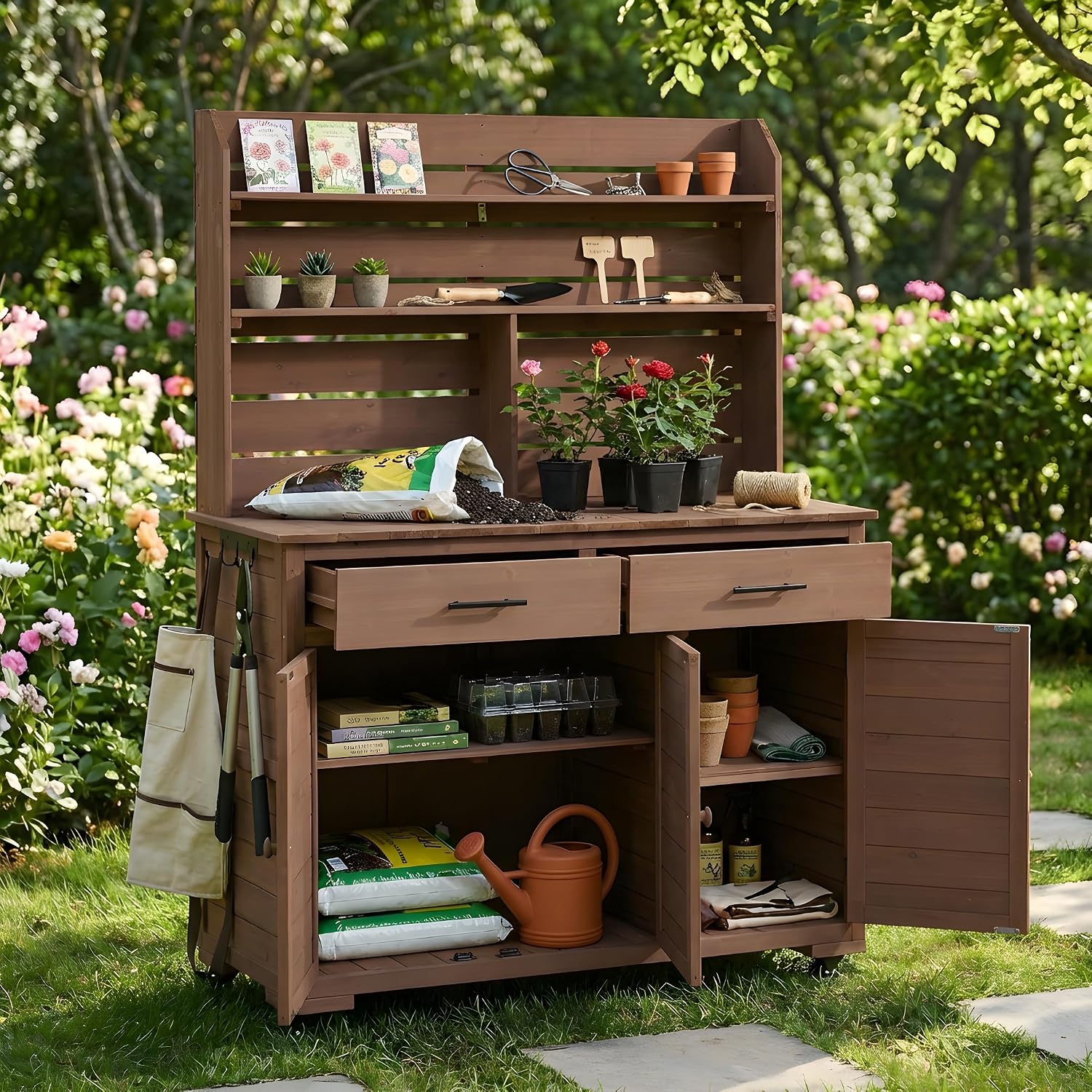 65''H Large Garden Potting Bench with Lockable Wheels and Storage,Wood Outdoor Kitchen Island Prep Cart with Hutch Top,Drawers and Removal Shelves for Grilling (Brown-LG)