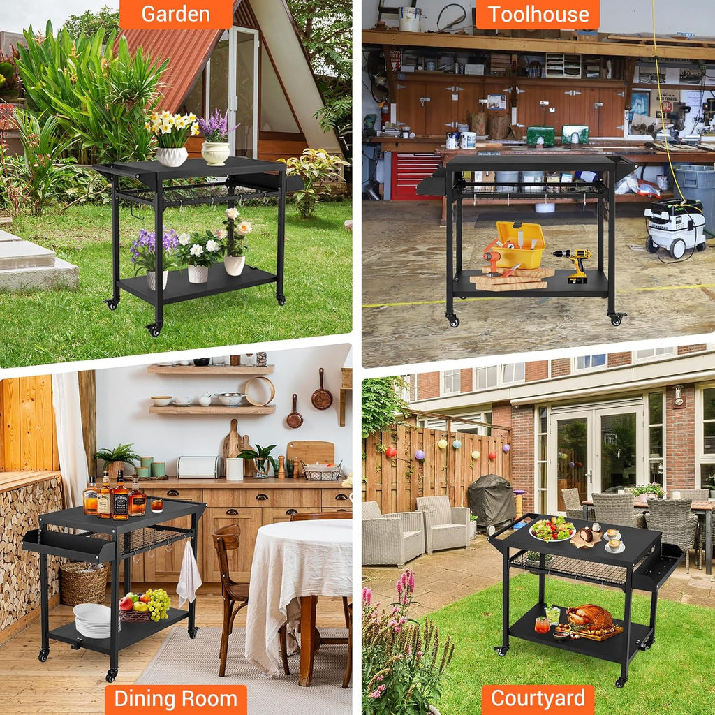 Hipicute Outdoor Grill Cart, Pizza Oven Table, Utility Cart with Wheels Dining Cart Table for Outside Patio, Movable Kitchen Cooking Prep Table BBQ Cart with Mesh Racks for Home Party, Bar, Camping