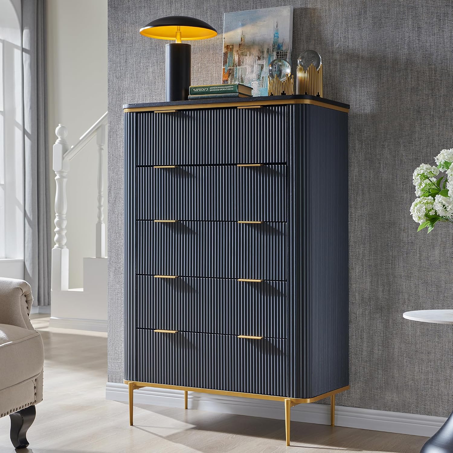 T4TREAM Fluted 5 Drawers Dresser for Bedroom, 48' Tall Modern Dresser Chest of Drawers, Gold Accents, Fluted Fronts, Wood Storage Dressers Organizer for Bedroom, Living Room, Dark Grey