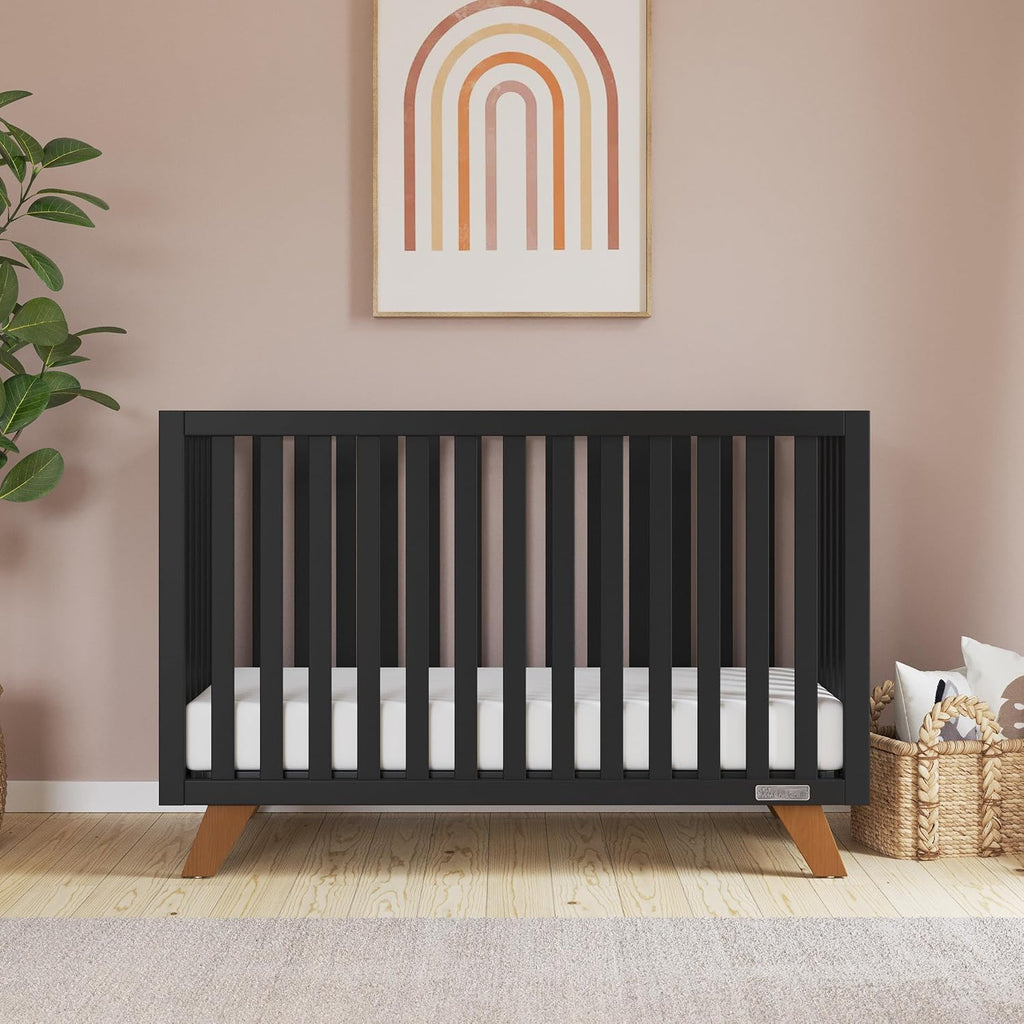 Child Craft Soho Design 4-in-1 Convertible Baby Crib Nursery Furniture Set - Baby Bed, 3 Drawer Dresser, Chest Drawer and Nightstand Desk for Babies, Toddlers and Kids (4 Piece - Ebony)
