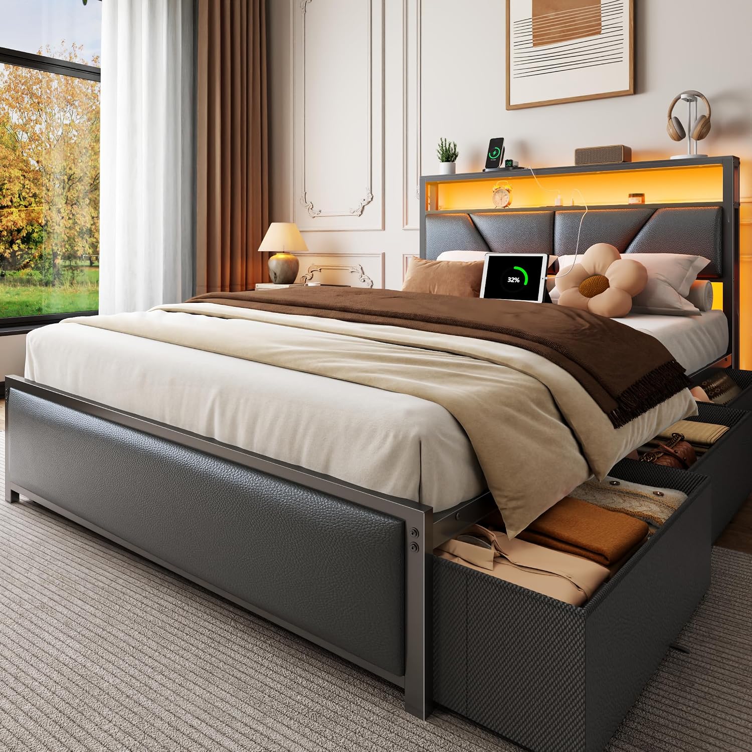 OURPIC Full Size Bed Frame, 6 Fabric Storage Drawers and 2-Tier Headboard, PU Leather Upholstered Platform Bed Frame Full with LED Lights and Charging Station, No Box Spring Needed, Noise Free