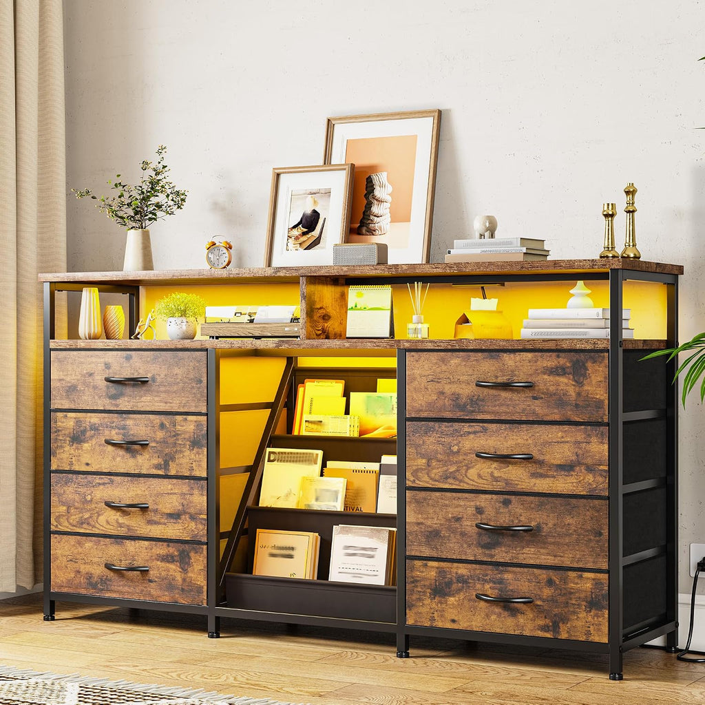 EnHomee 55 ' W Dresser for Bedroom with Bookrack & 8 Fabric Drawers, Dresser TV Stand with Power Outlet & LED Lights for 65 Inch TV, Chest of Drawers for Cabinet, Entryway,Rustic Brown