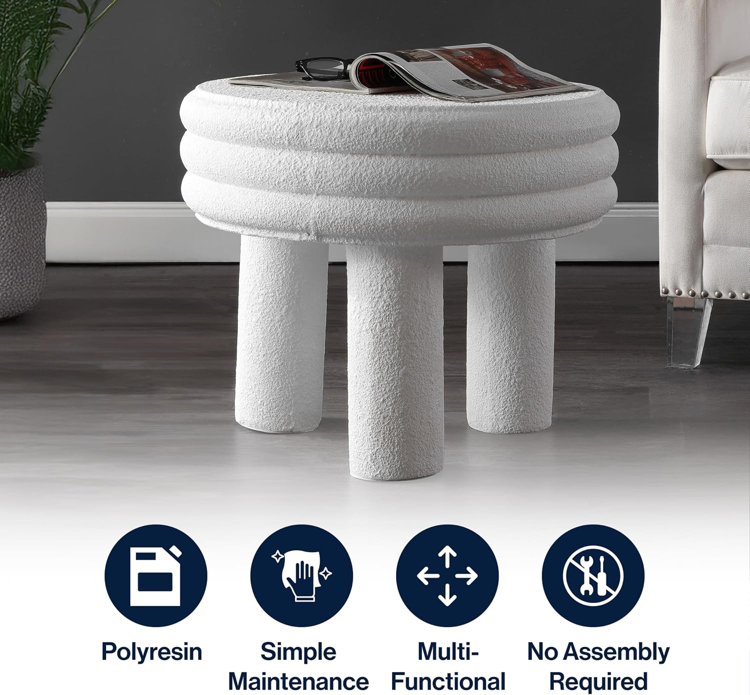 JONATHAN Y Rashida 17.75' Ribbed Polyresin Indoor Outdoor Table, White | Contemporary Curvy Minimalist Silhouette, Stacked Ring Motif, Tripod Pillar Base, Weather Resistant, Frosted Finish