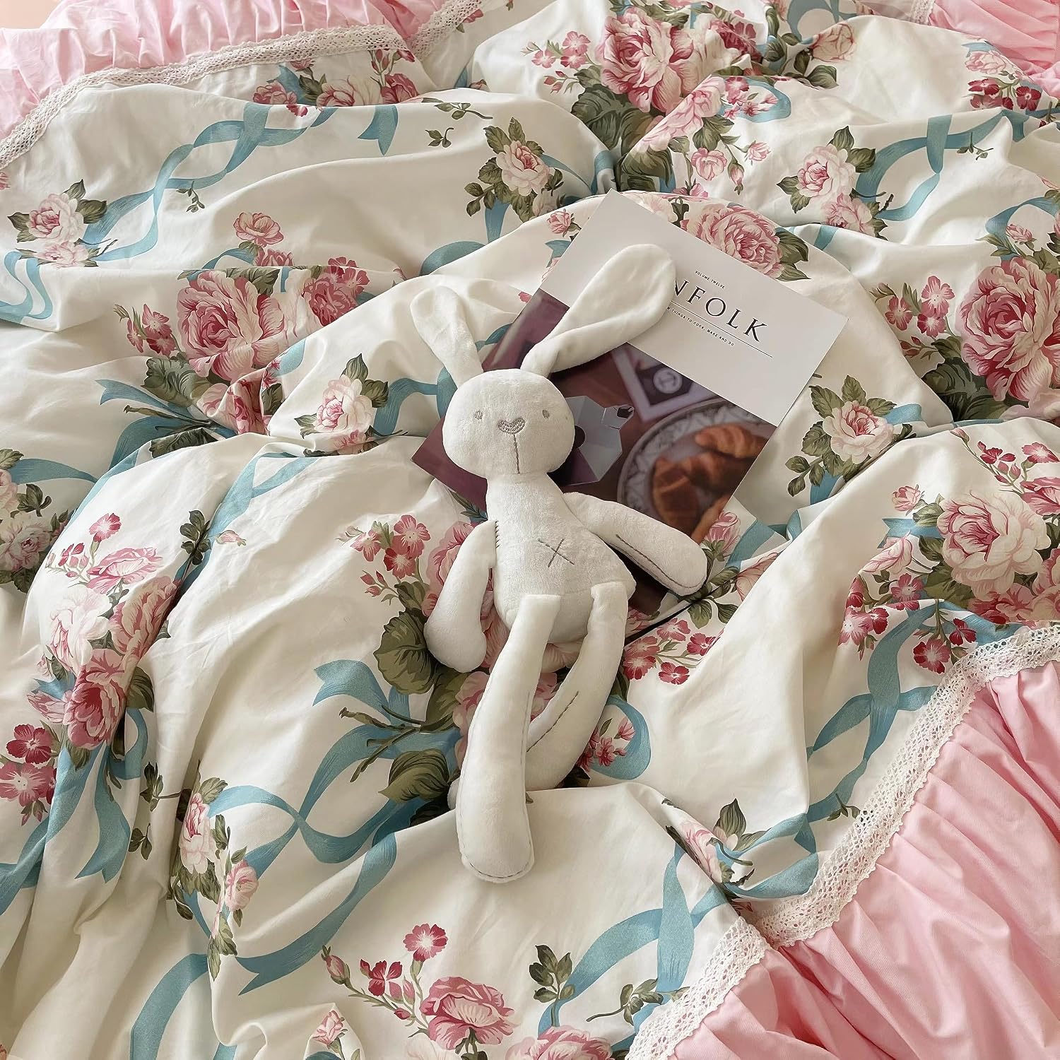 LELVA Romantic Rose Flower Print Bedding for Girls Duvet Cover Set with Bed Skirt Pink Lace Ruffle Floral Shabby Bedding Sets Full Piece