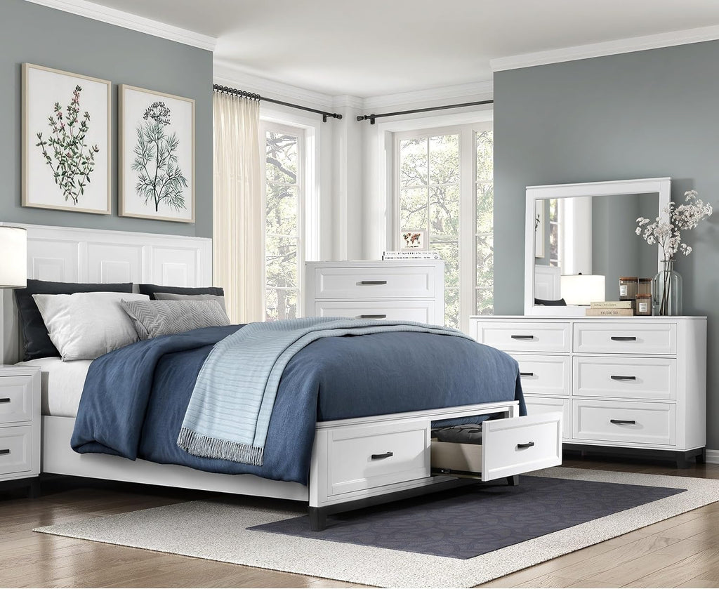 Transitional Bedroom Full Size 4-Pieces Set Platform Bed Footboard Drawers White Finish Furniture