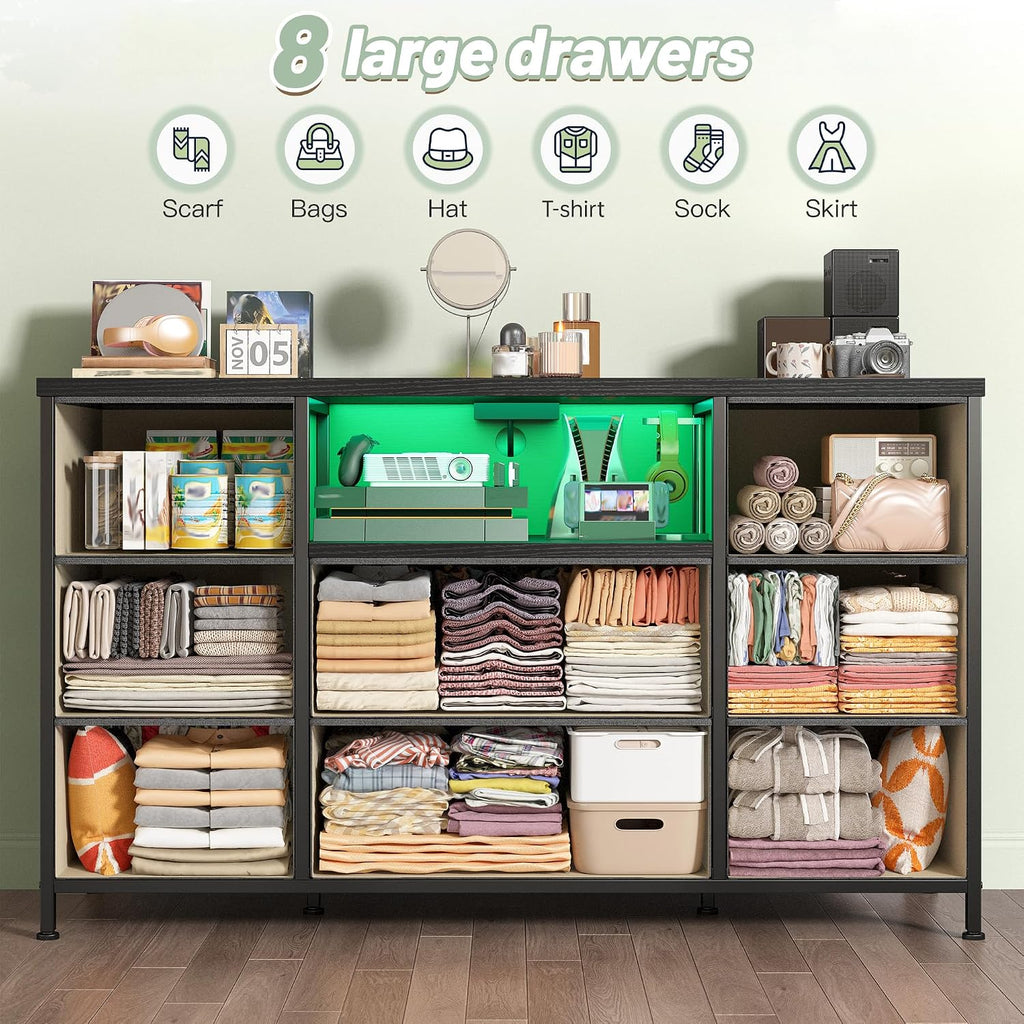 EnHomee Dresser for Bedroom with LED Lights & Charging Station, Dresser TV Stand for Bedroom with 8 Drawer for 55 inch TV, Fabric Dressers & Chests of Drawers with Shelves for Hallway Entryway, Grey