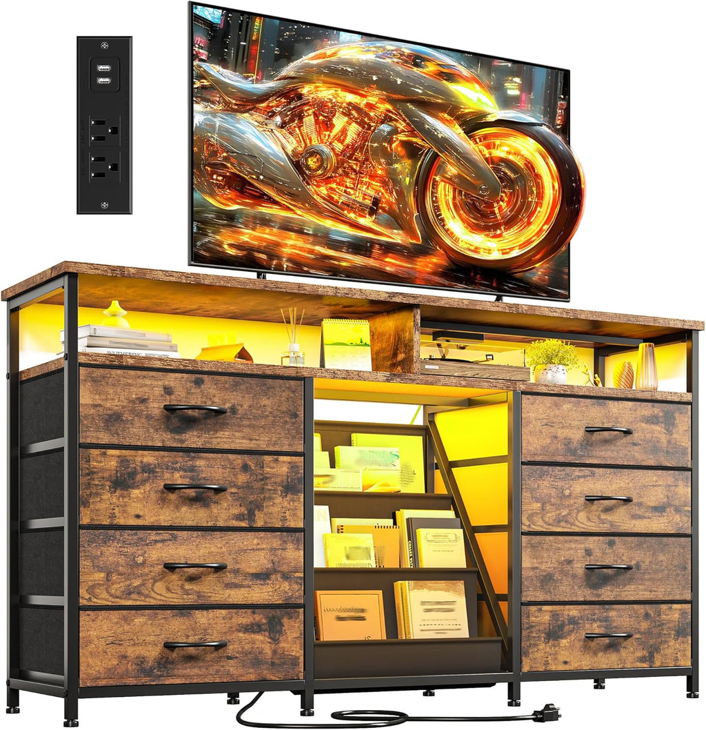 EnHomee 55 ' W Dresser for Bedroom with Bookrack & 8 Fabric Drawers, Dresser TV Stand with Power Outlet & LED Lights for 65 Inch TV, Chest of Drawers for Cabinet, Entryway,Rustic Brown