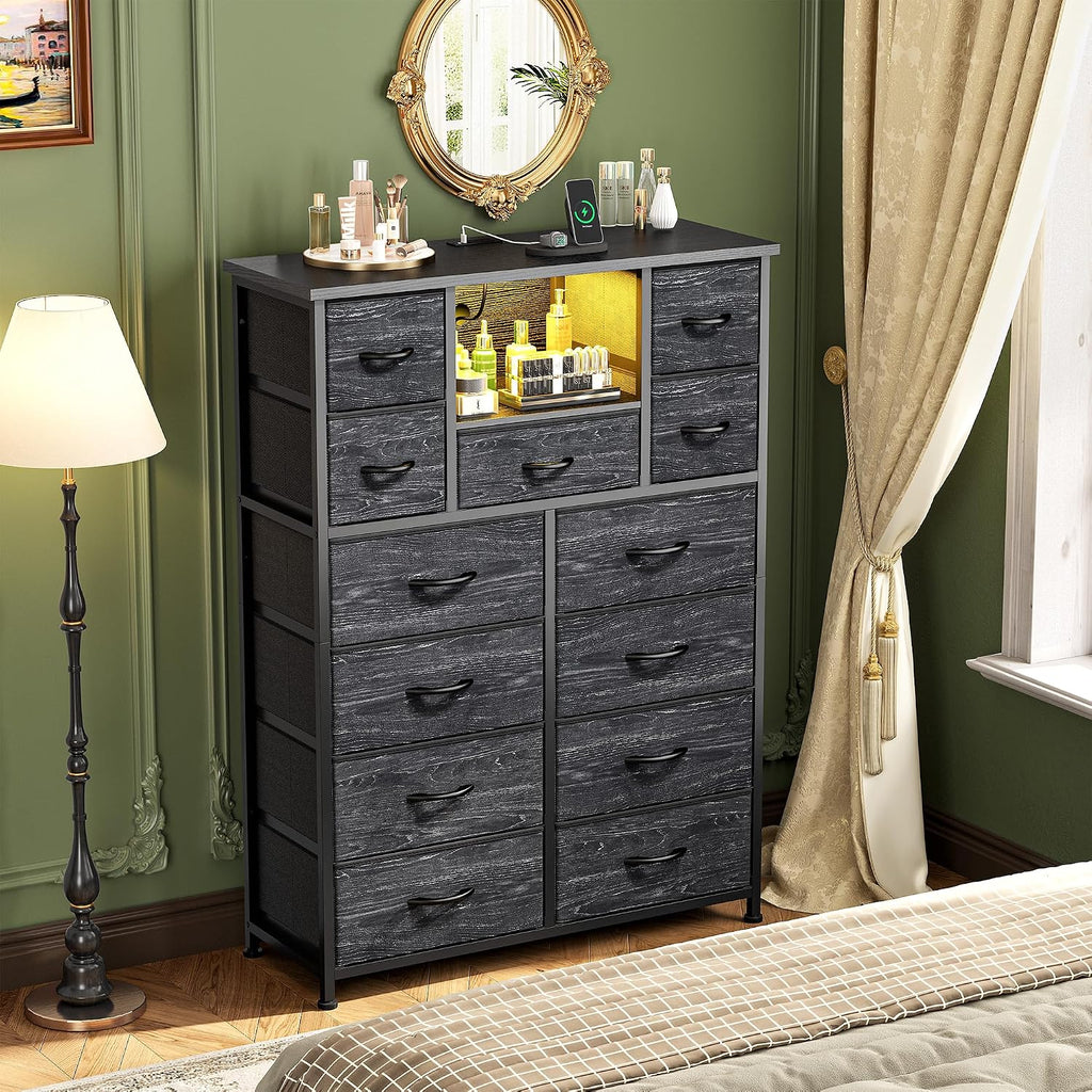 Romorgniz Dresser for Bedroom with 13 Fabric Drawers, Black Dresser with LED & 4 Charging Ports, 47''H Chest of Drawers with Open Storage Shelves for Hallway, Entryway