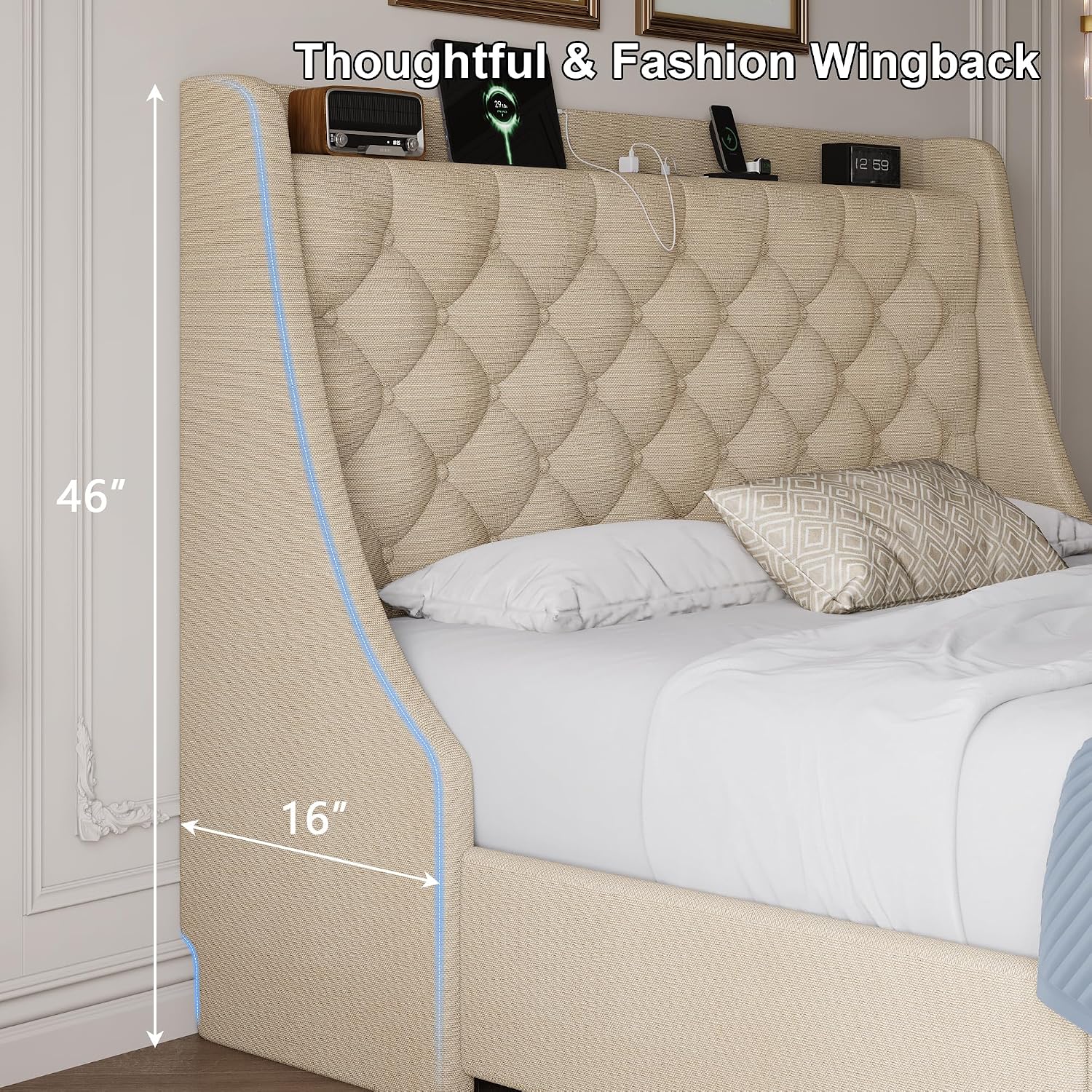 Full Size Upholstered Platform Bed Frame with 4 Storage Drawers and Charging Station, Linen Button Tufted Wingback Headboard, Sturdy Wooden Support Slats, No Box Spring Needed, Beige
