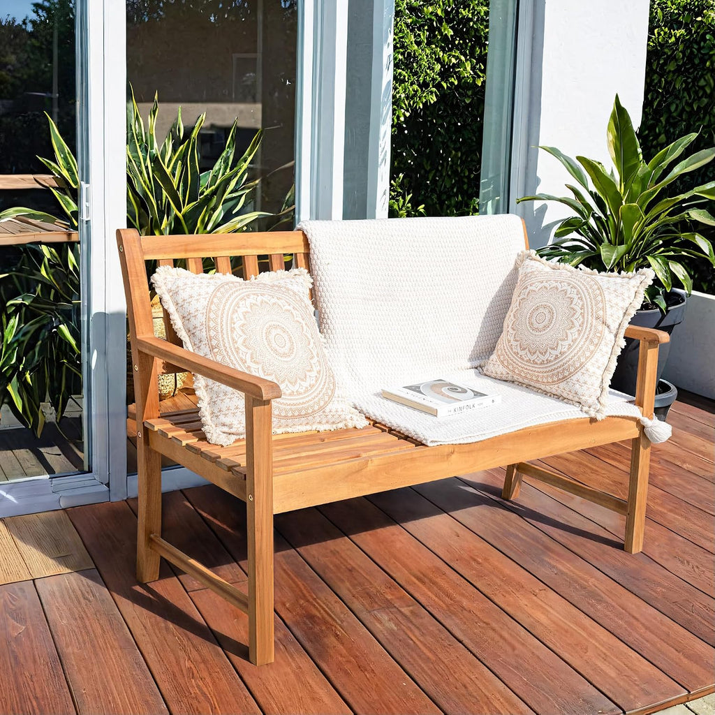 Greesum Outdoor Bench 2-Person Acacia Garden Chair Patio Porch Furniture with Foldable Small Table Plate for Deck, Yard, Balcony, Natural
