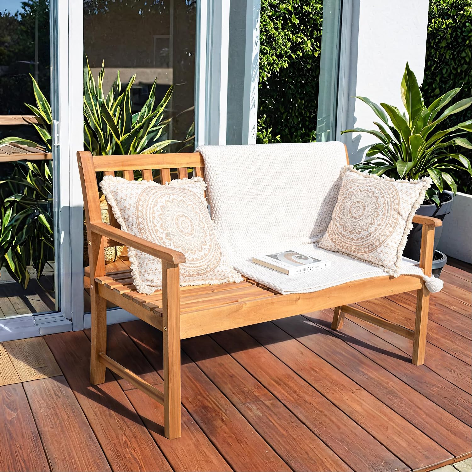 Greesum Outdoor Bench 2-Person Acacia Garden Chair Patio Porch Furniture with Foldable Small Table Plate for Deck, Yard, Balcony, Natural