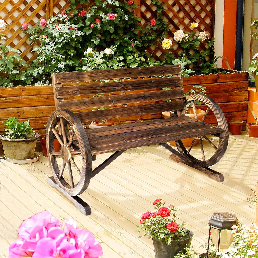 41' 2-Person Brown Wooden Wagon Wheel Bench, Rustic Outdoor Weather Resistance Furniture, Slatted Seat Bench with Backrest, Carbonized, for Backyard, Poolside, Lawn