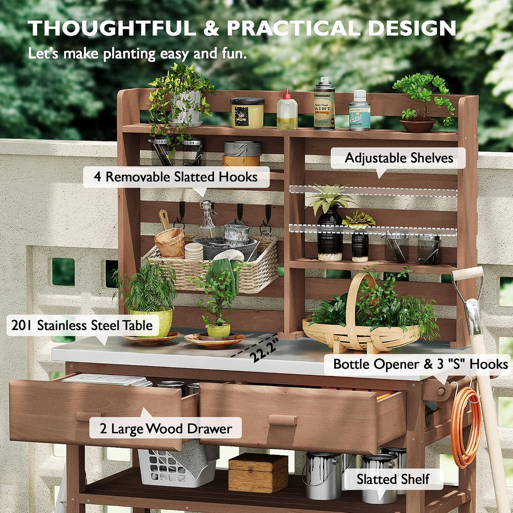 GOWE K&K 64.9' H Outdoor Potting Bench Table with Lockable Wheels, Solid Wood Outdoor Kitchen Island with Upper Hutch, Stainless Steel Top, Towel Rack,Outdoor Storage for Grilling, Lawn Garden -Brown
