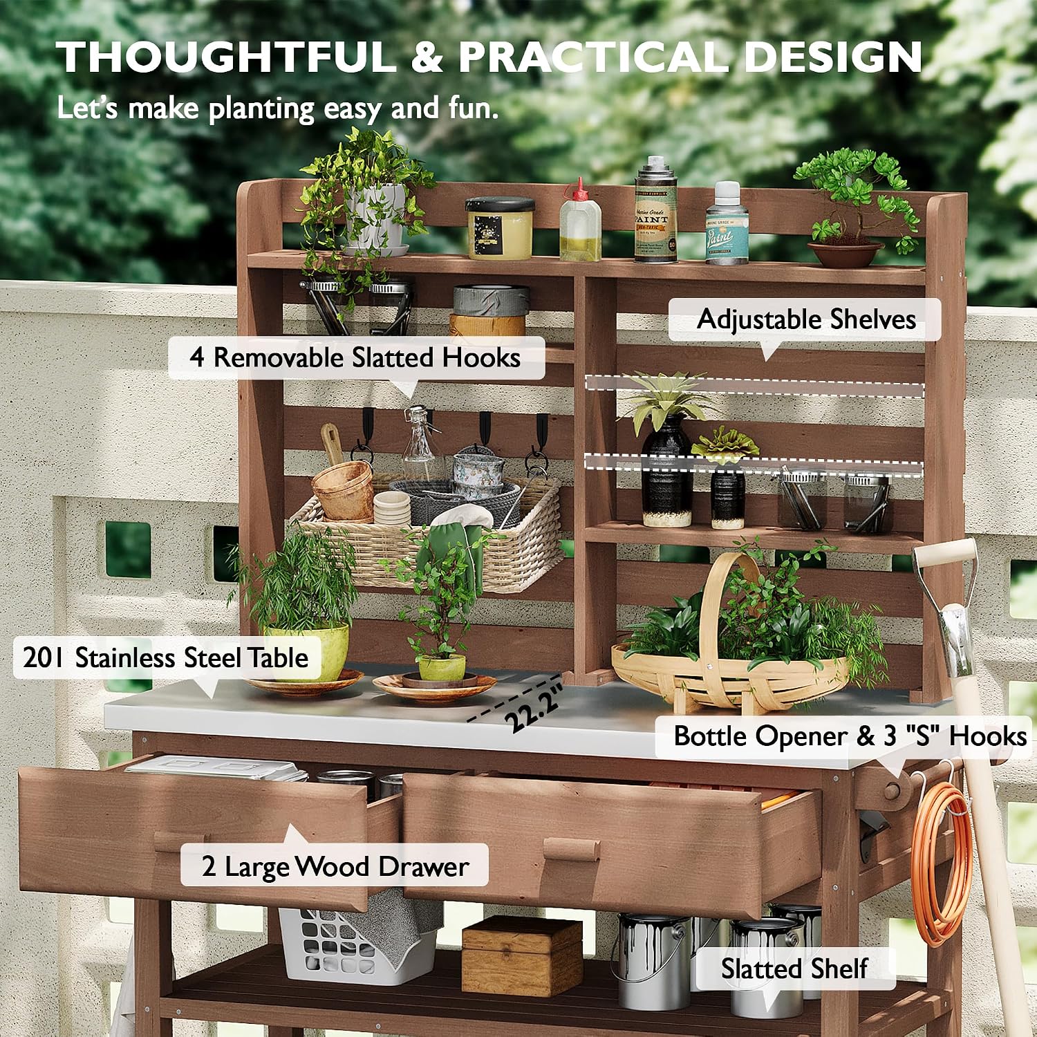 GOWE K&K 64.9' H Outdoor Potting Bench Table with Lockable Wheels, Solid Wood Outdoor Kitchen Island with Upper Hutch, Stainless Steel Top, Towel Rack,Outdoor Storage for Grilling, Lawn Garden -Brown