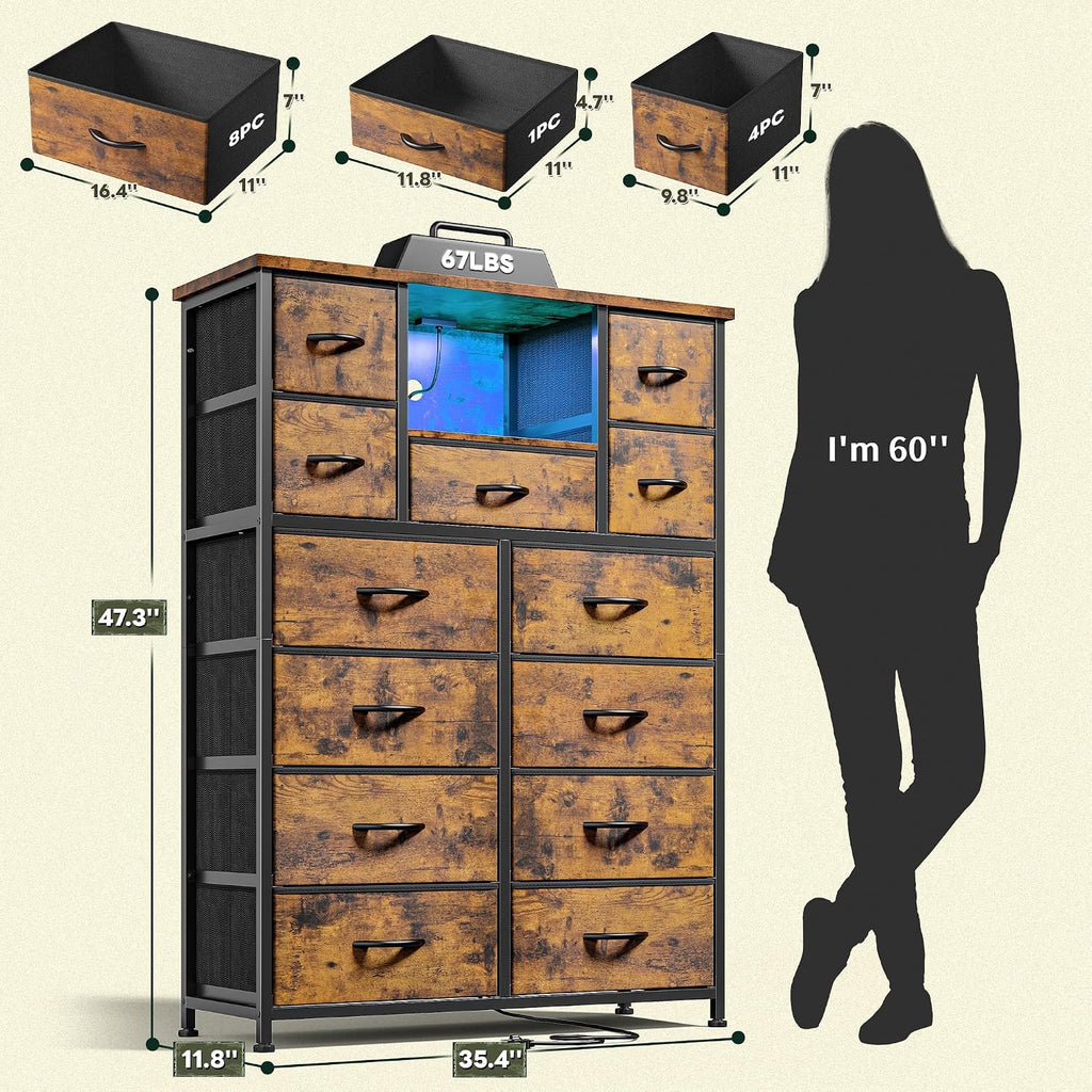 Romorgniz Dresser for Bedroom with 13 Fabric Drawers, Dressers with LED & 4 Charging Ports, 47''H Chest of Drawers with Open Storage Shelves for Hallway, Entryway, Rustic Brown