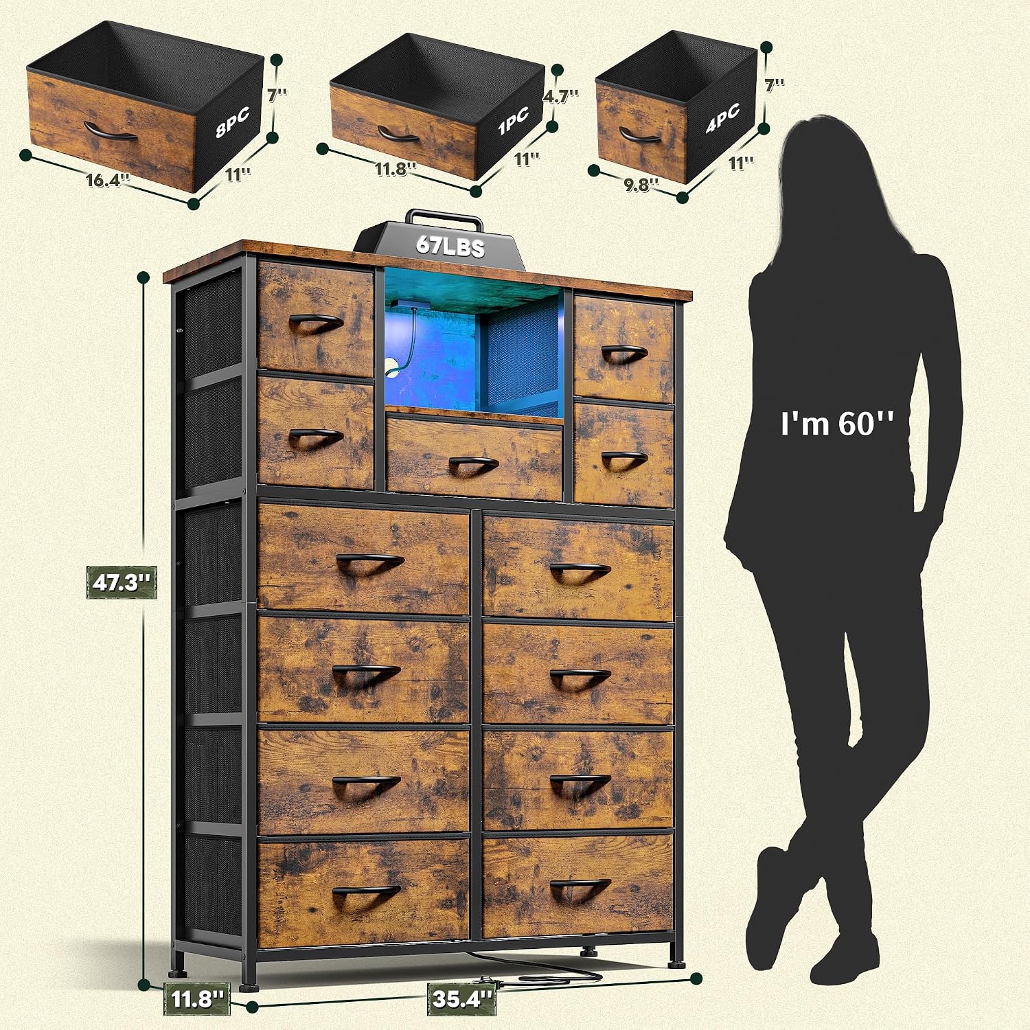 Romorgniz Dresser for Bedroom with 13 Fabric Drawers, Dressers with LED & 4 Charging Ports, 47''H Chest of Drawers with Open Storage Shelves for Hallway, Entryway, Rustic Brown